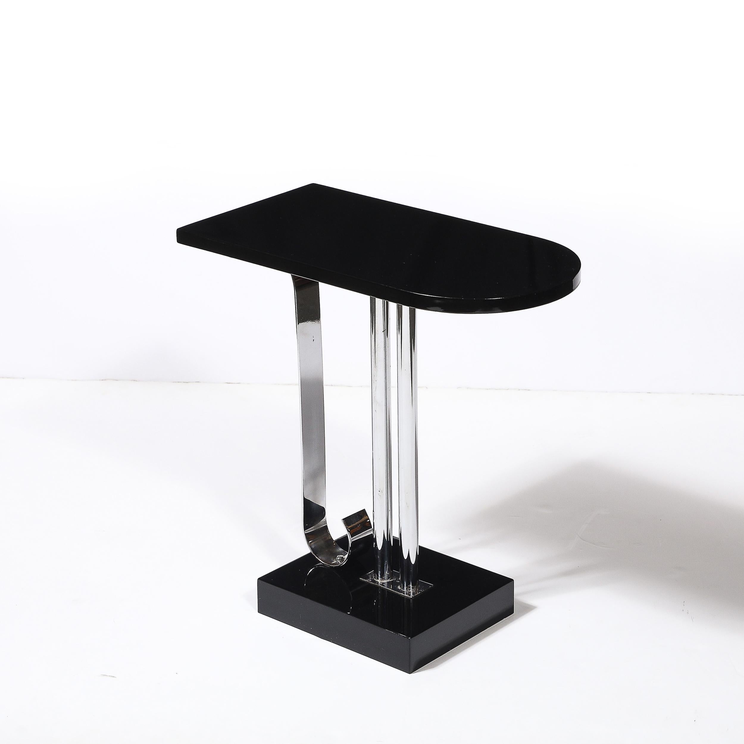 Art Deco Black Lacquer & Chrome Streamlined End Table w/ Scroll Detail by Belmet For Sale 8