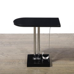 Art Deco Black Lacquer & Chrome Streamlined End Table w/ Scroll Detail by Belmet