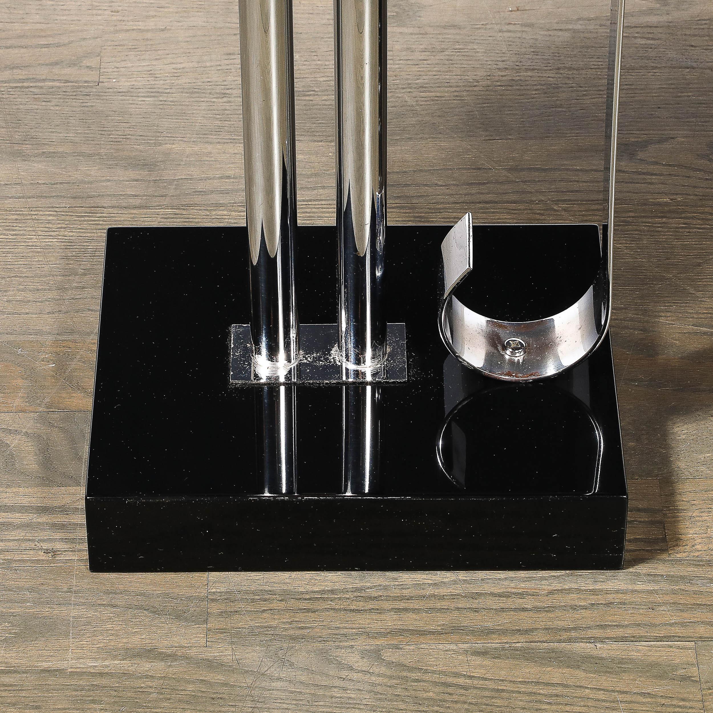 American Art Deco Black Lacquer & Chrome Streamlined End Table w/ Scroll Detail by Belmet For Sale