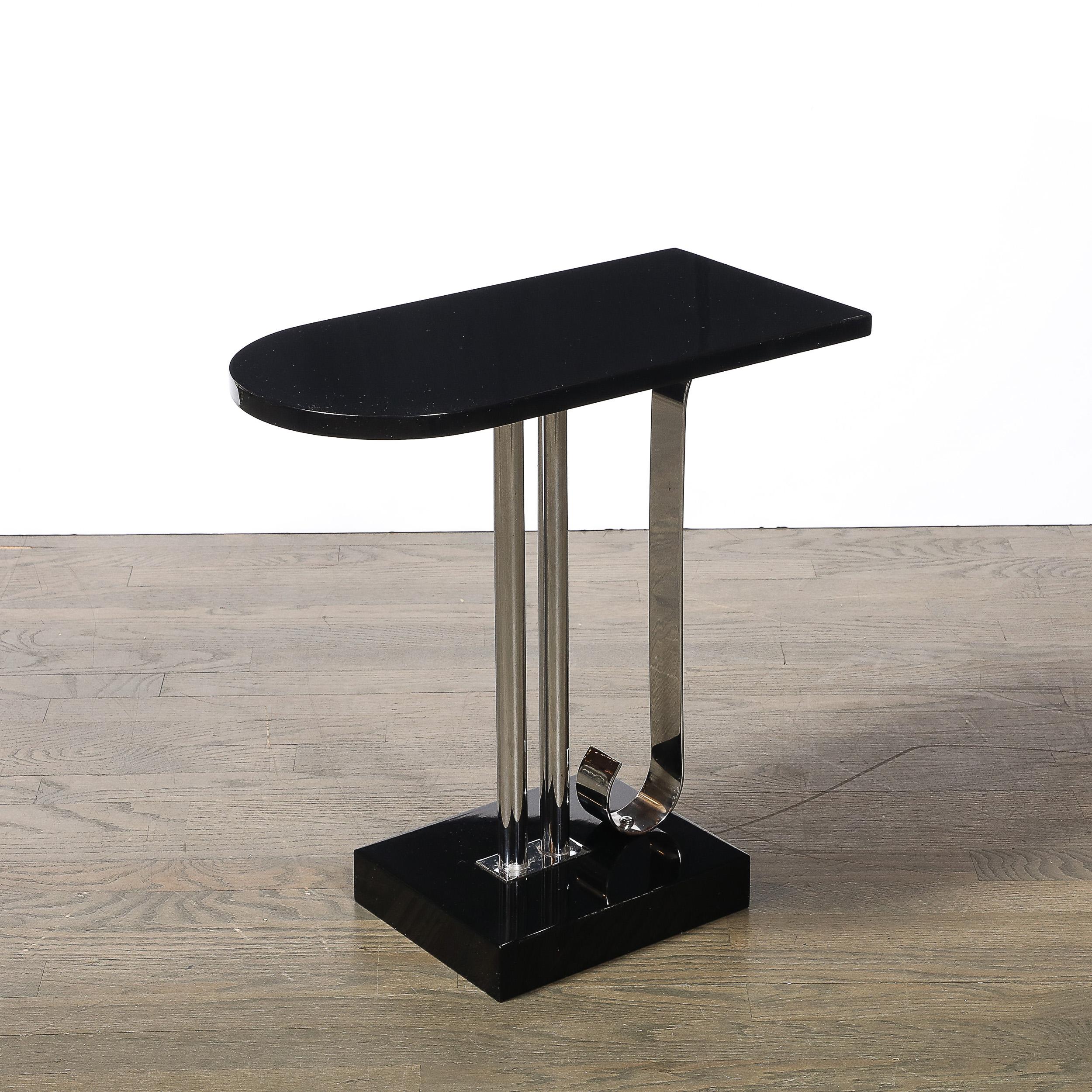 Art Deco Black Lacquer & Chrome Streamlined End Table w/ Scroll Detail by Belmet In Excellent Condition For Sale In New York, NY