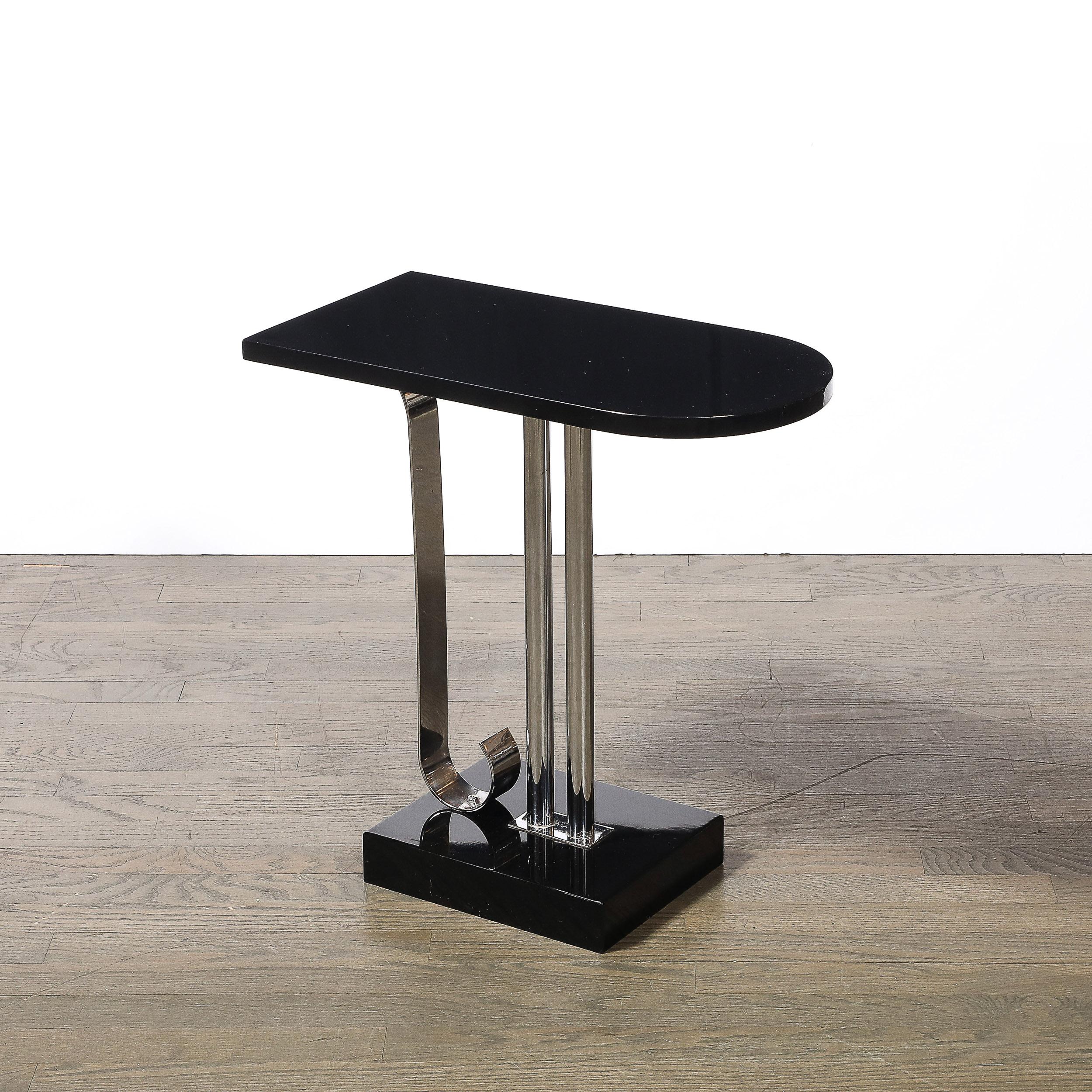 Art Deco Black Lacquer & Chrome Streamlined End Table w/ Scroll Detail by Belmet For Sale 1