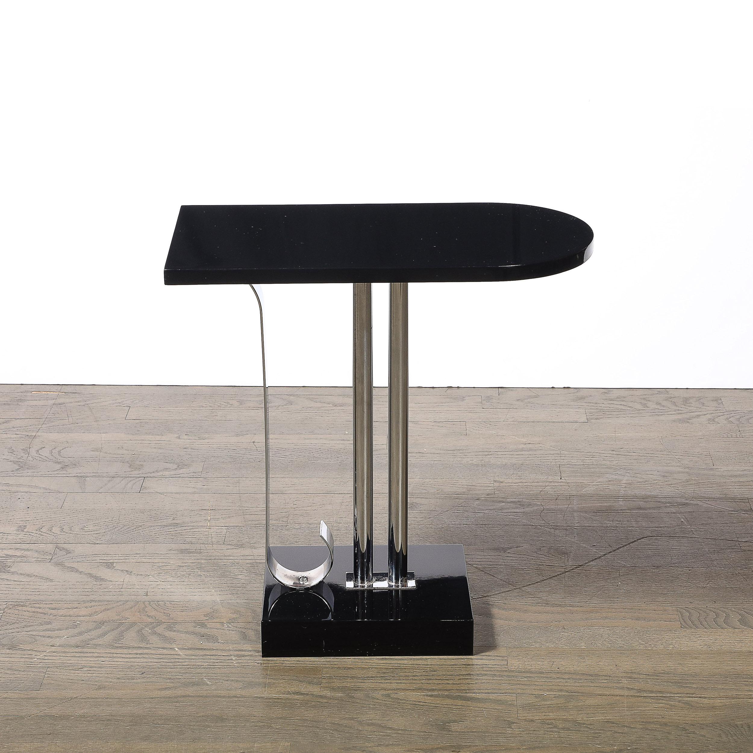Art Deco Black Lacquer & Chrome Streamlined End Table w/ Scroll Detail by Belmet For Sale 2