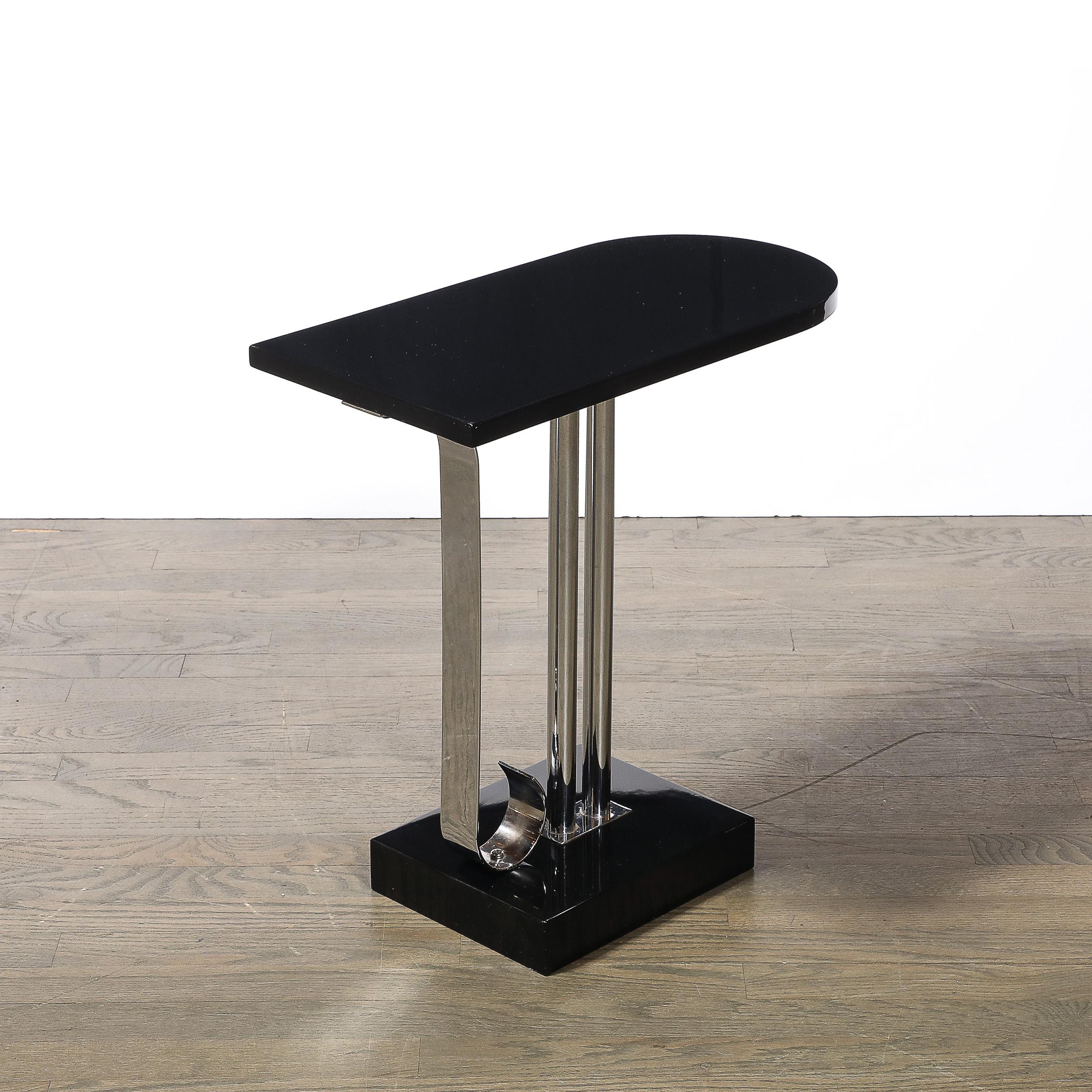 Art Deco Black Lacquer & Chrome Streamlined End Table w/ Scroll Detail by Belmet For Sale 3