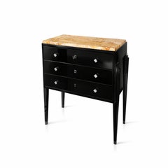 Art Deco Black Lacquer Commode with Marble Top, Walnut, France, 20th Century