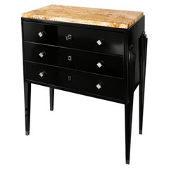 Art Deco Black Lacquer Commode with Marble Top, Walnut, France, 20th Century