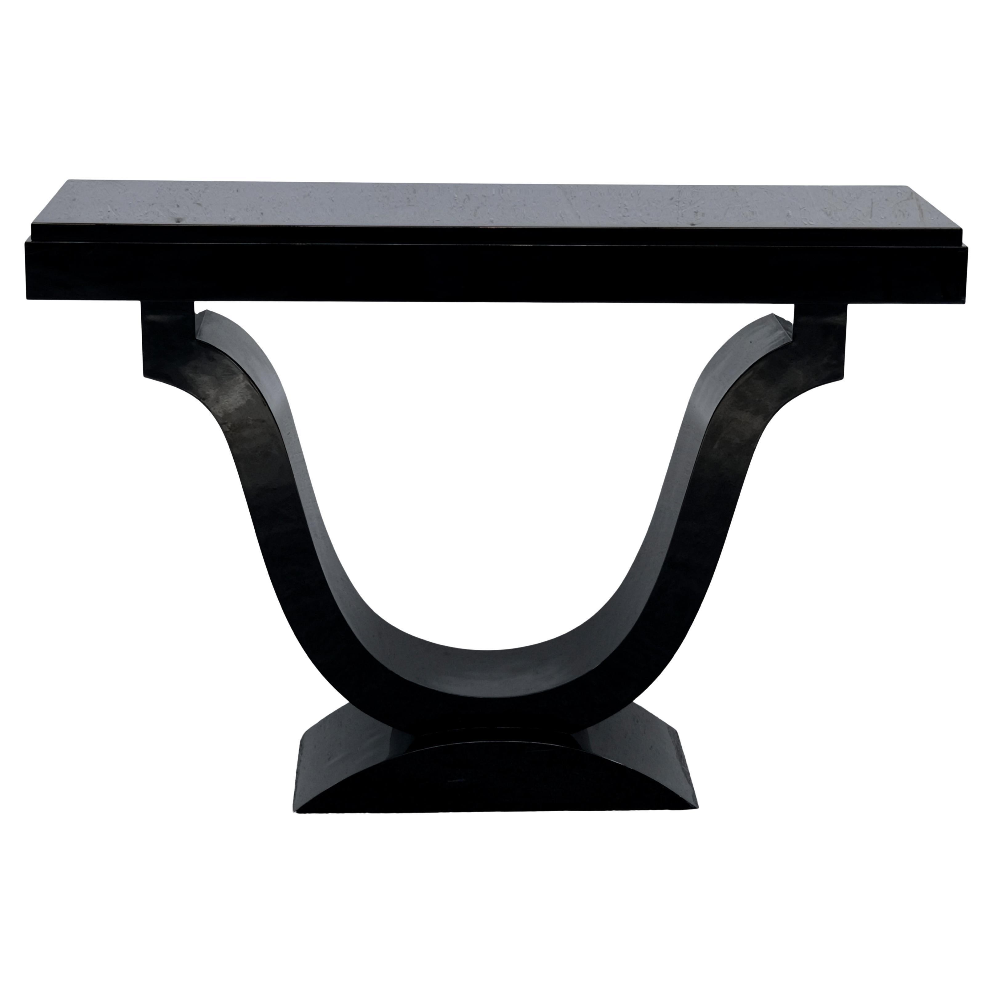 Art Deco Black Lacquer Console with Tulip Curved Center Base, France 1930s