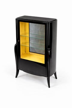 Art Deco Black Lacquer Display Cabinet with Glass Shelves & Mirror Back