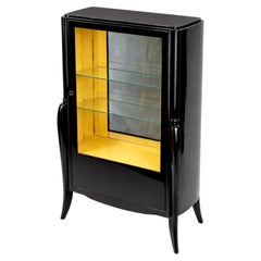 Art Deco Black Lacquer Display Cabinet with Glass Shelves & Mirror Back