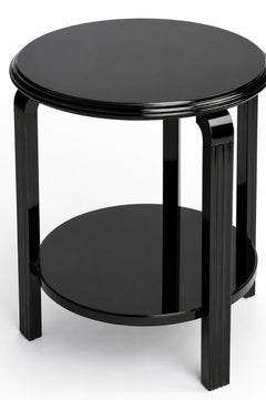 Art Deco Black Lacquer End Table with Fluted Legs and Two-Tier Design