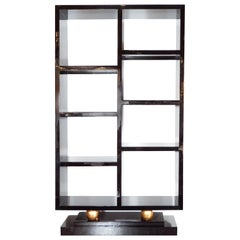 Art Deco Style Lacquer Etagere/Bookshelf with 24Kt Gold Orbital Embellishments