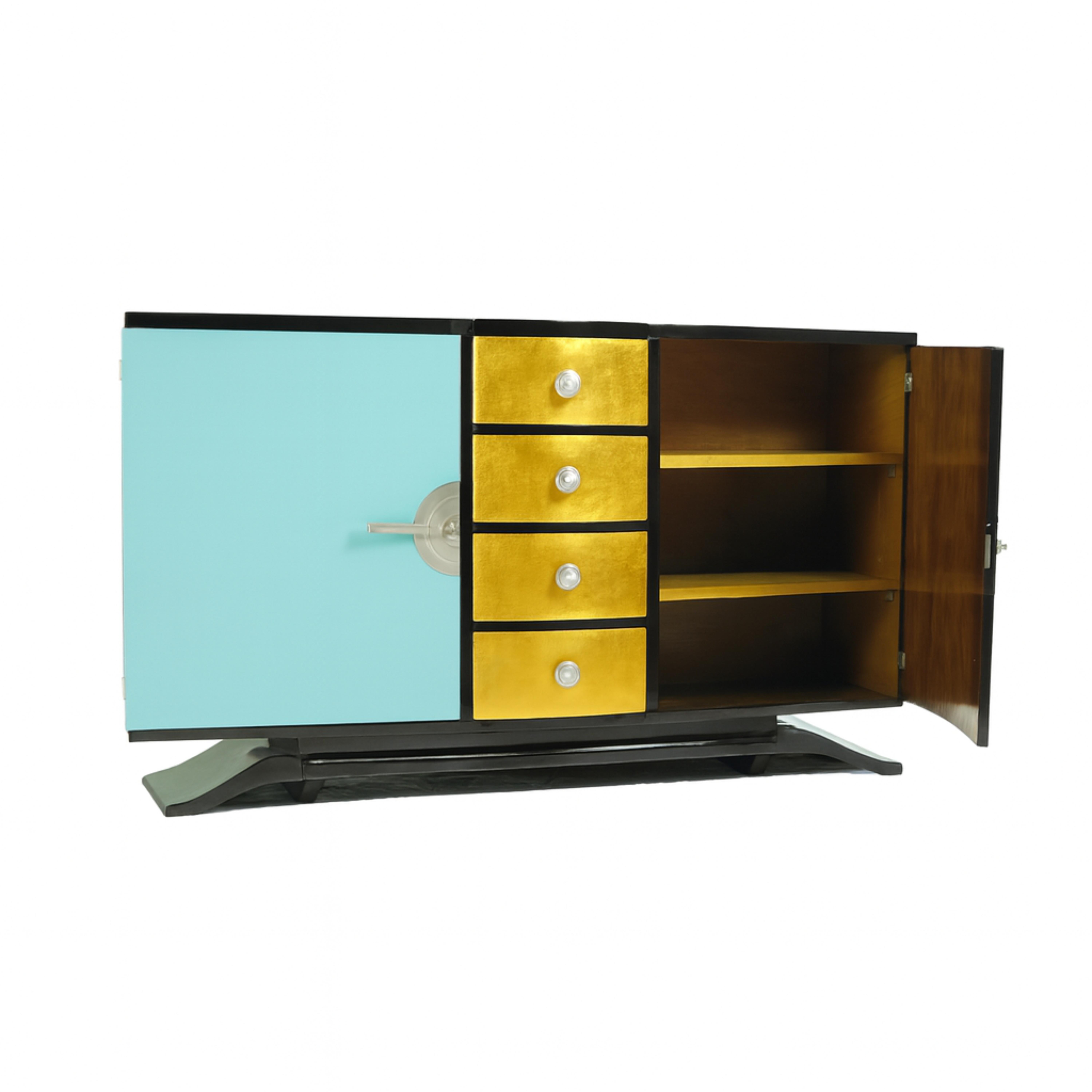 Art Déco Art Deco Black Lacquer Gilt Blue Credenza, 20th Century in vendita