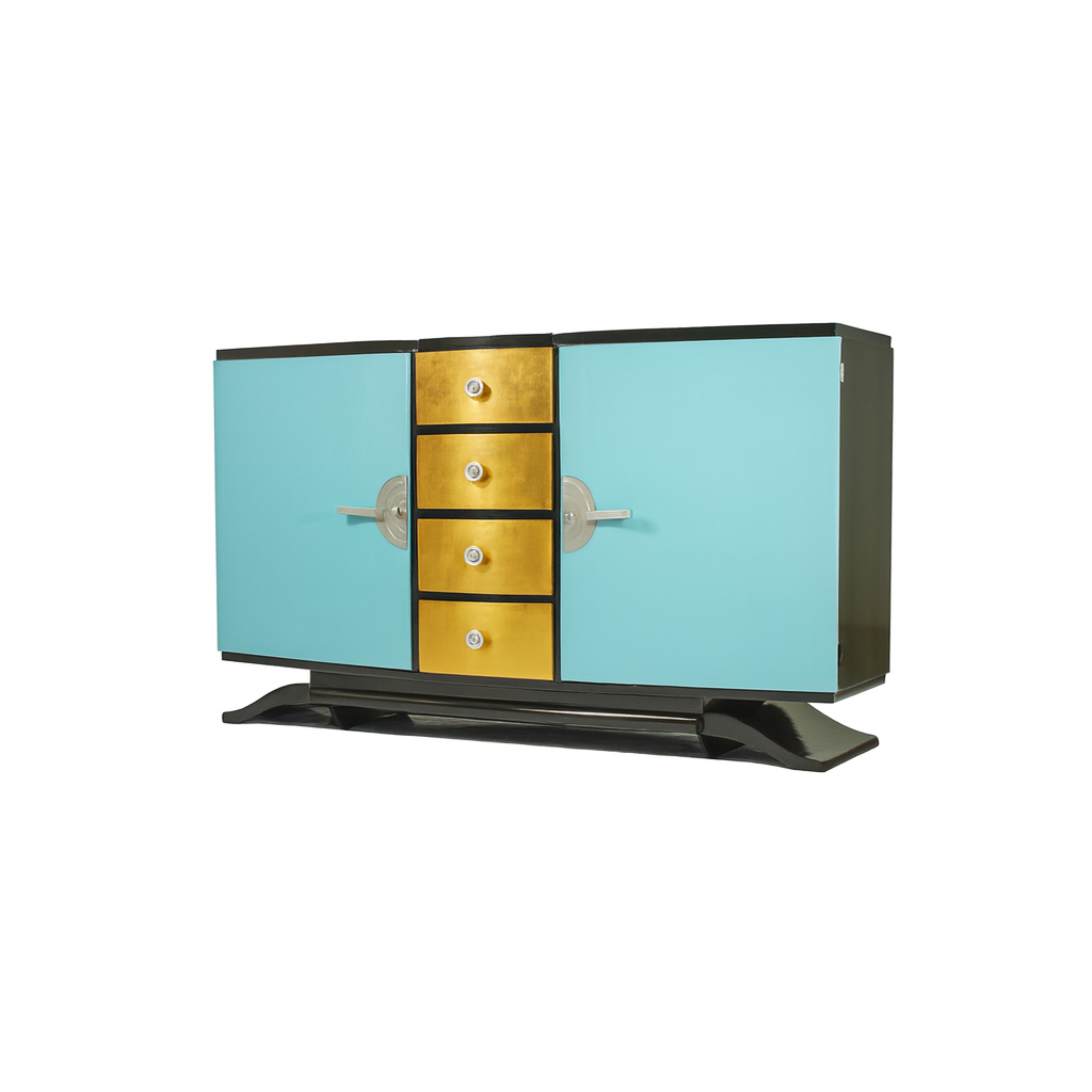 Francese Art Deco Black Lacquer Gilt Blue Credenza, 20th Century in vendita