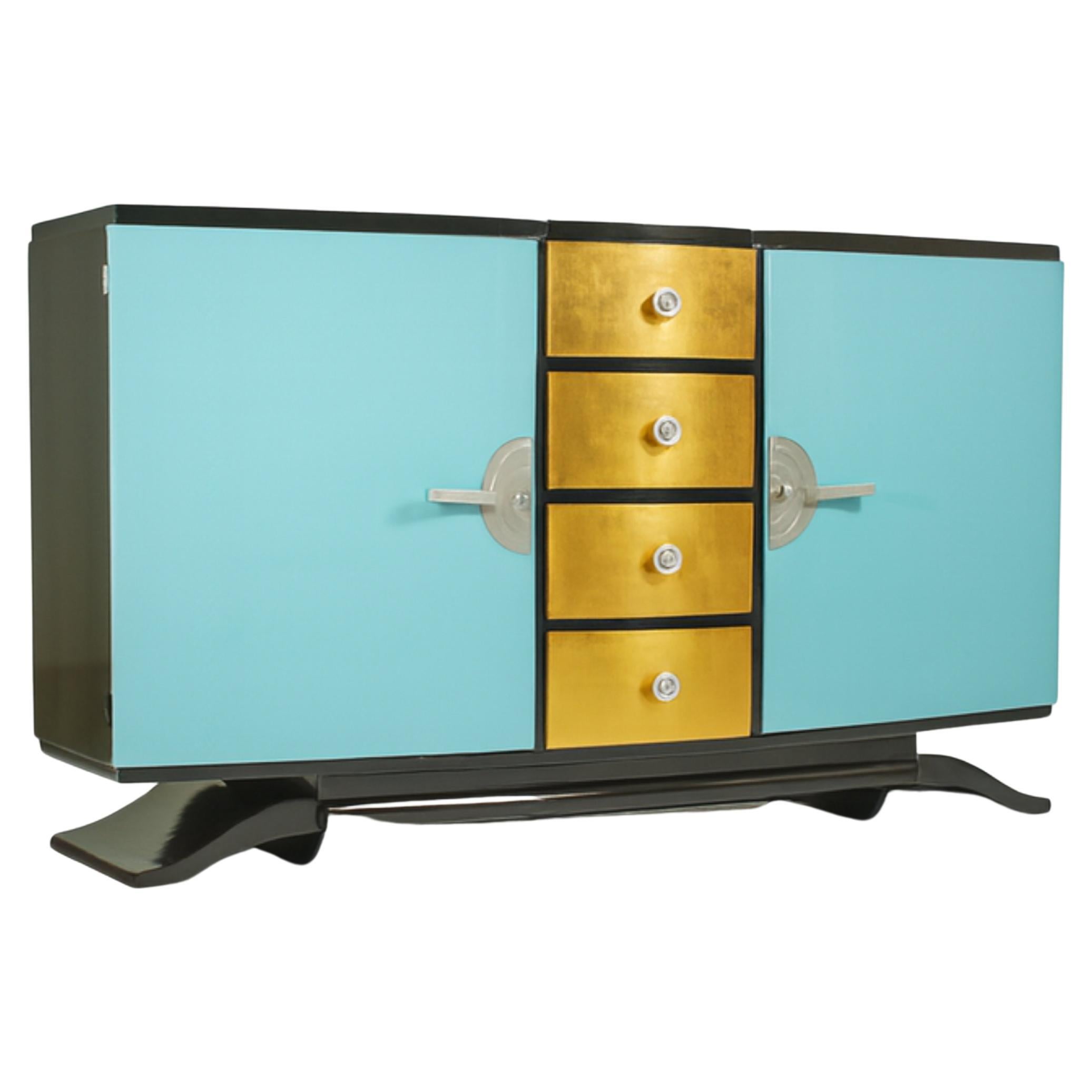 Art Deco Black Lacquer Gilt Blue Credenza, 20th Century