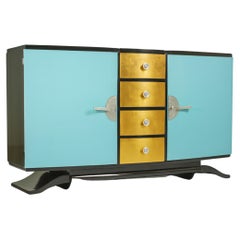 Art Deco Black Lacquer Gilt Blue Credenza, 20th Century