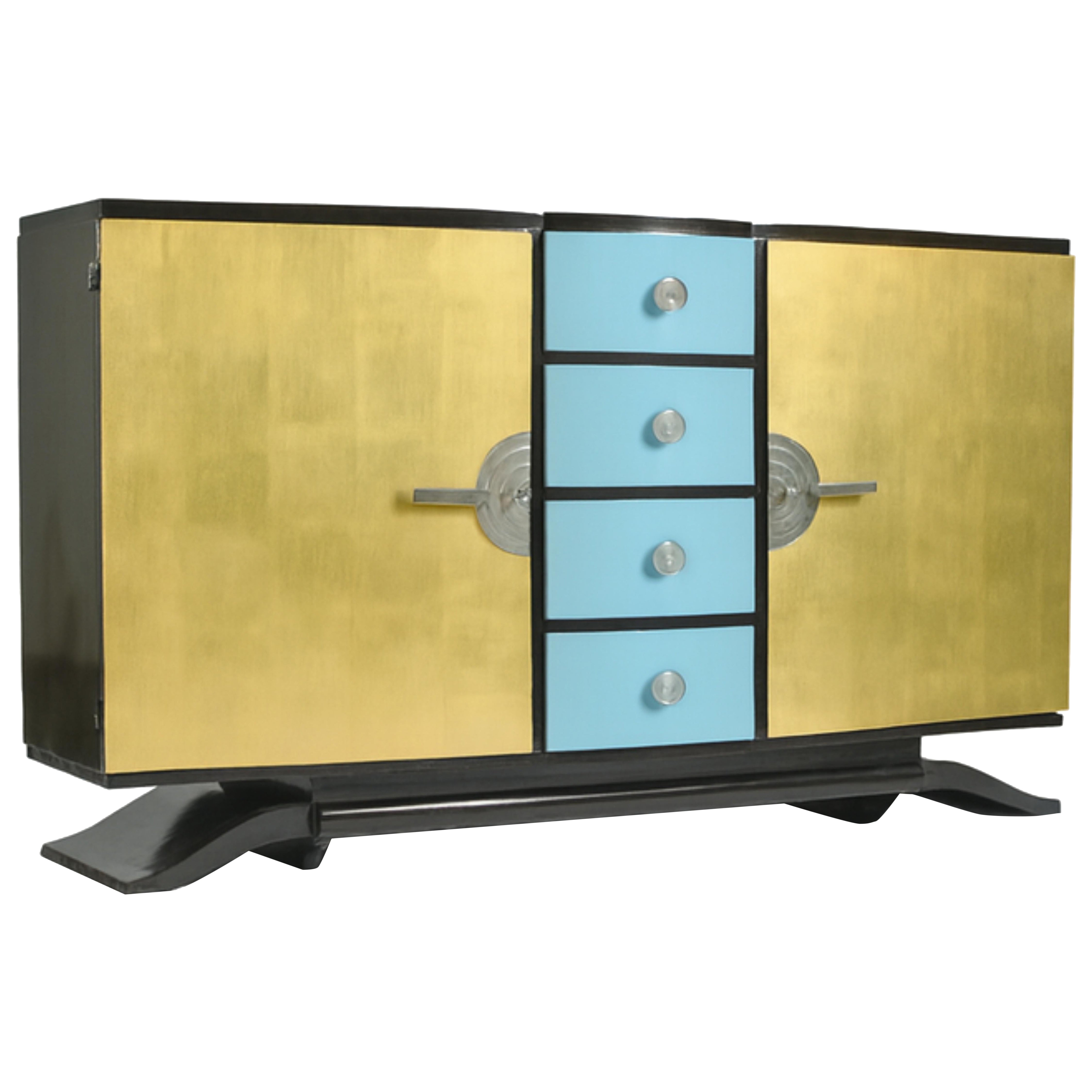 Credenza a uovo in lacca nera dorata Art Déco, 20° secolo