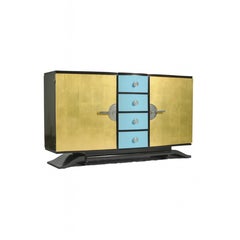 Art Deco Black Lacquer gilt Blue Egg Credenza Sideboard, 20th Century