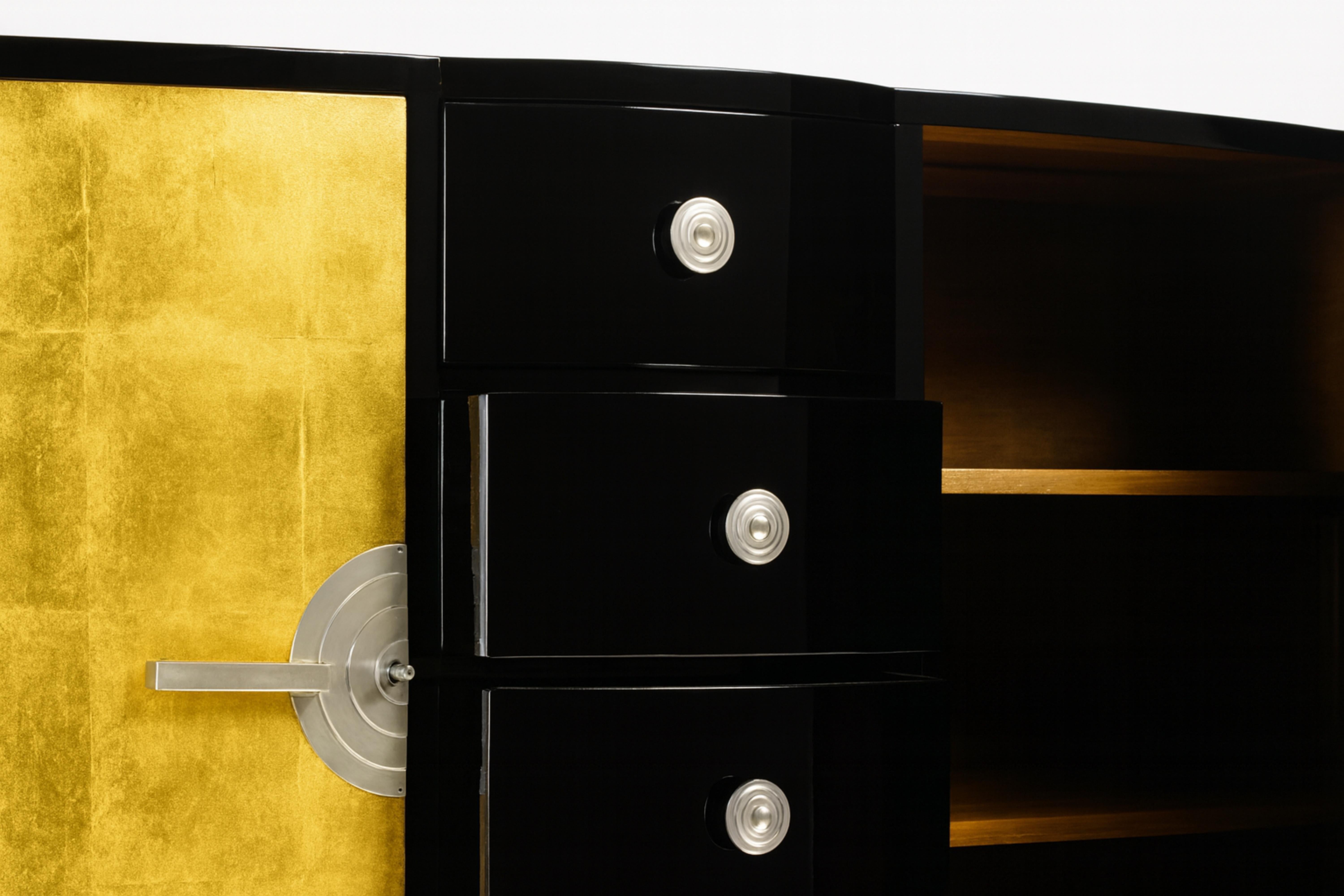French Art Deco Black Lacquer Gilt Walnut Sideboard Credenza, 20th Century For Sale