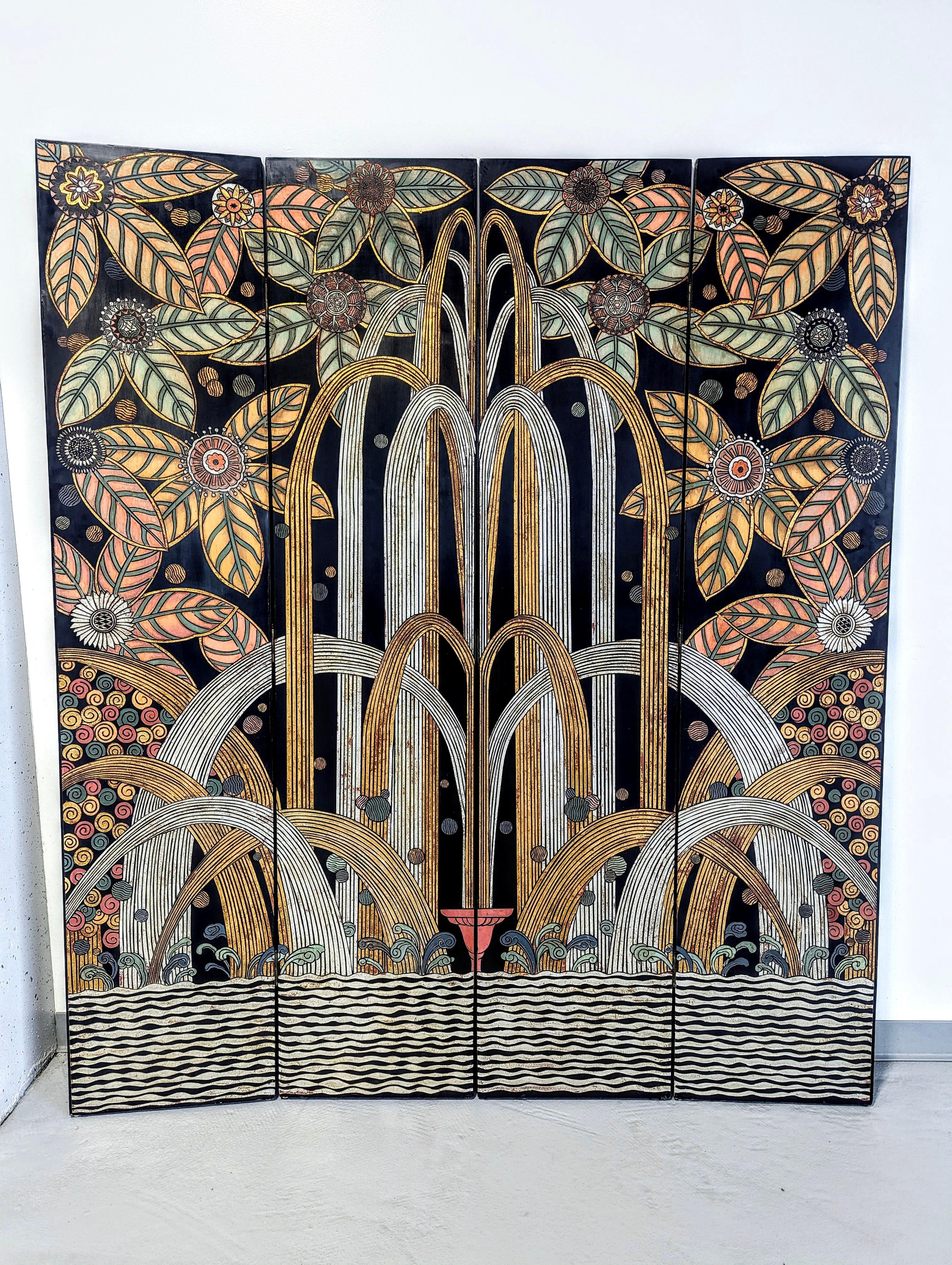 An exceptional tall four panel black lacquered screen featuring gilt metallic colored waterfalls surrounded by floral motifs.
The vintage screen is clearly inspired by Edgar Brandts work, 