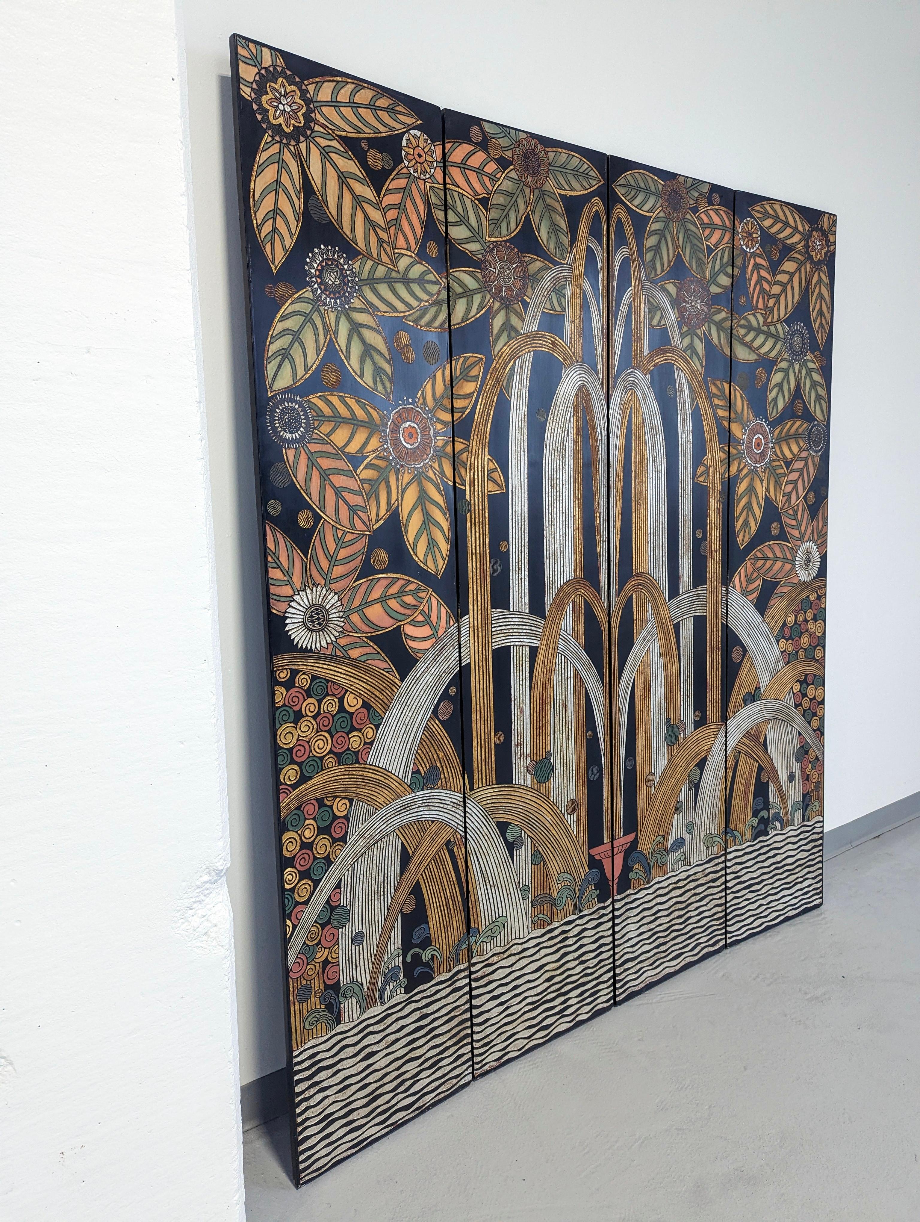 Art Deco Black Lacquer Gold Silver Gilt Four Panel Screen after Edgar Brandt In Good Condition For Sale In Lynn, MA