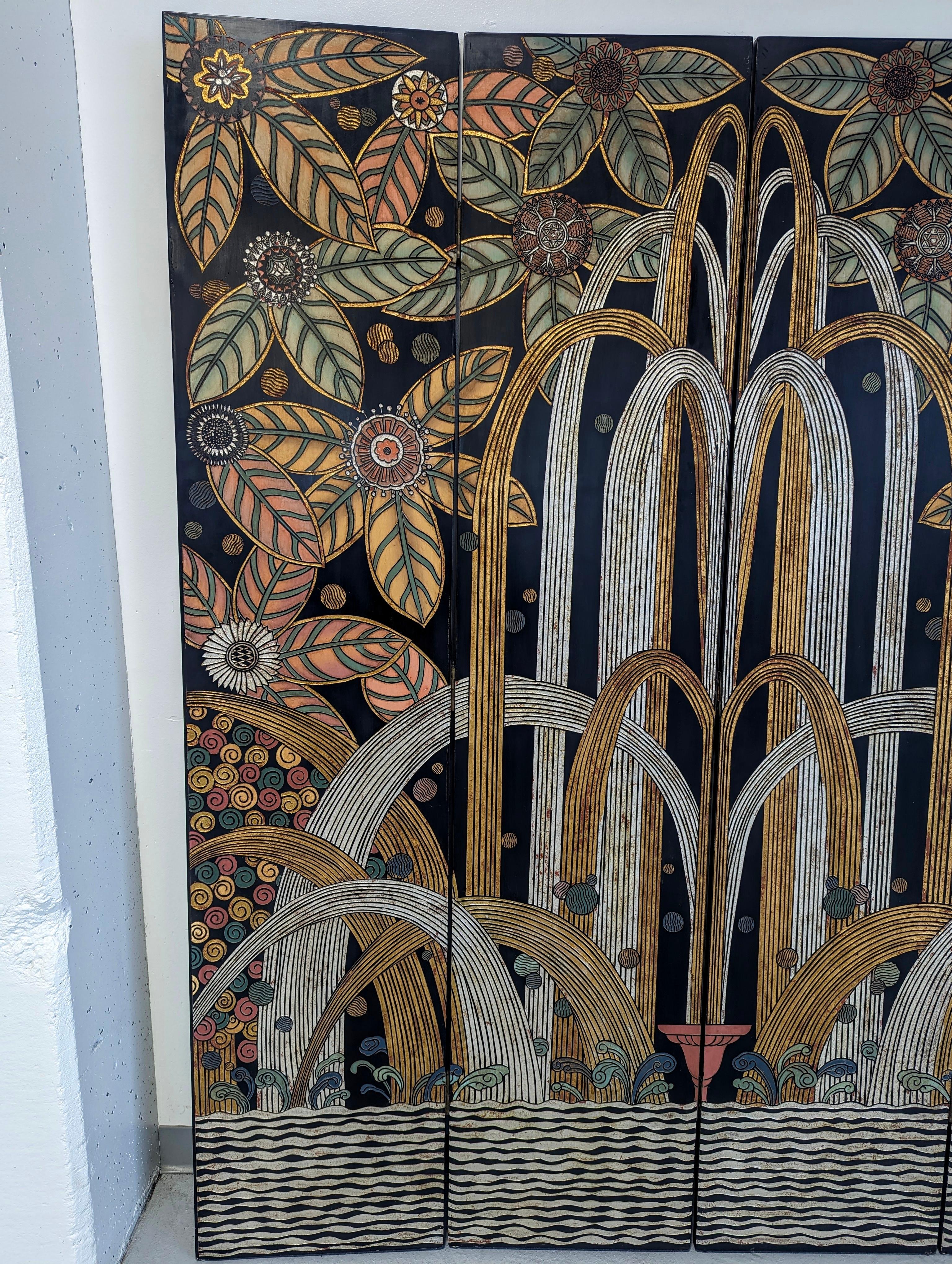 20th Century Art Deco Black Lacquer Gold Silver Gilt Four Panel Screen after Edgar Brandt For Sale