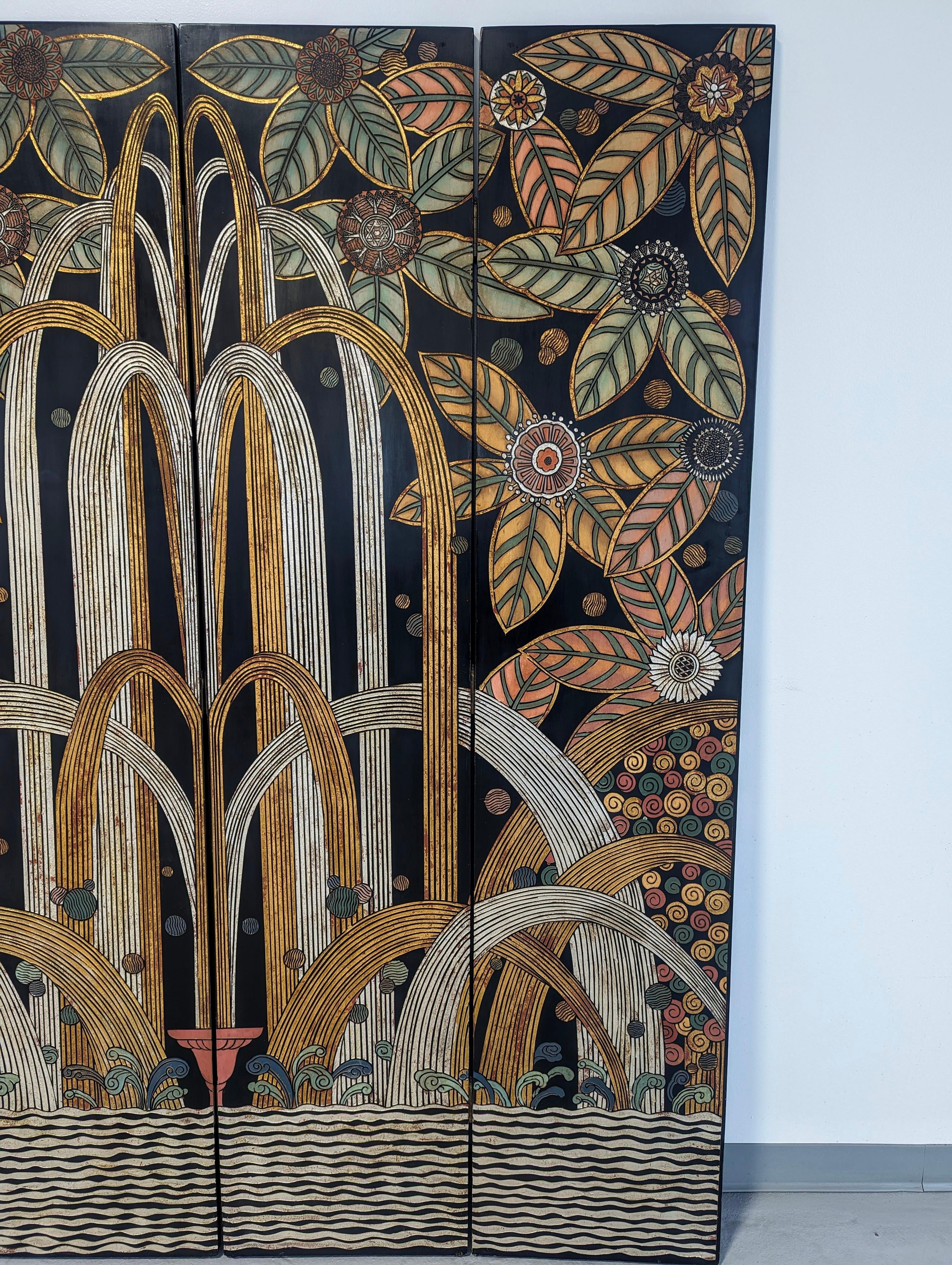 Art Deco Black Lacquer Gold Silver Gilt Four Panel Screen after Edgar Brandt For Sale 1