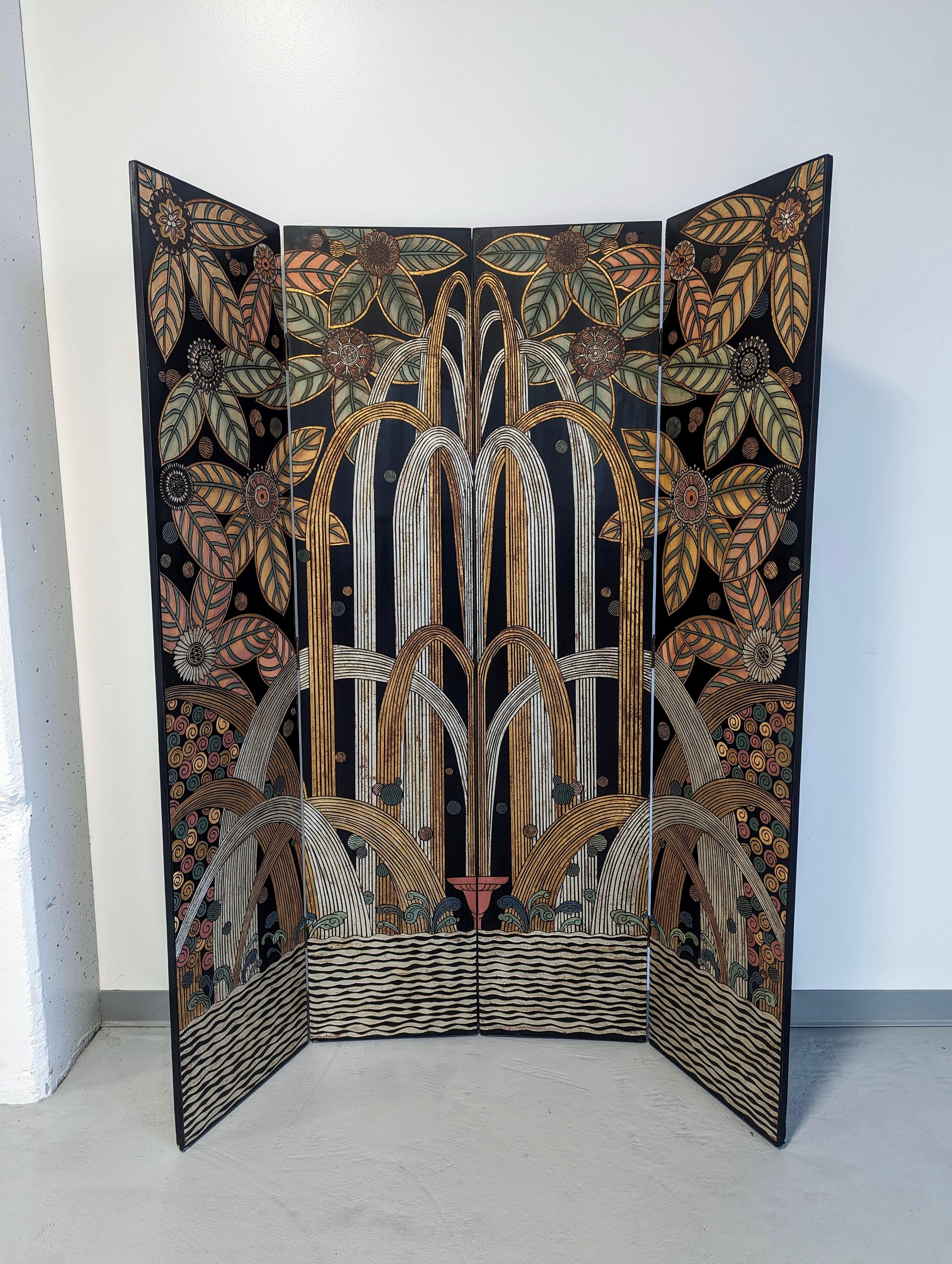 Art Deco Black Lacquer Gold Silver Gilt Four Panel Screen after Edgar Brandt For Sale 2