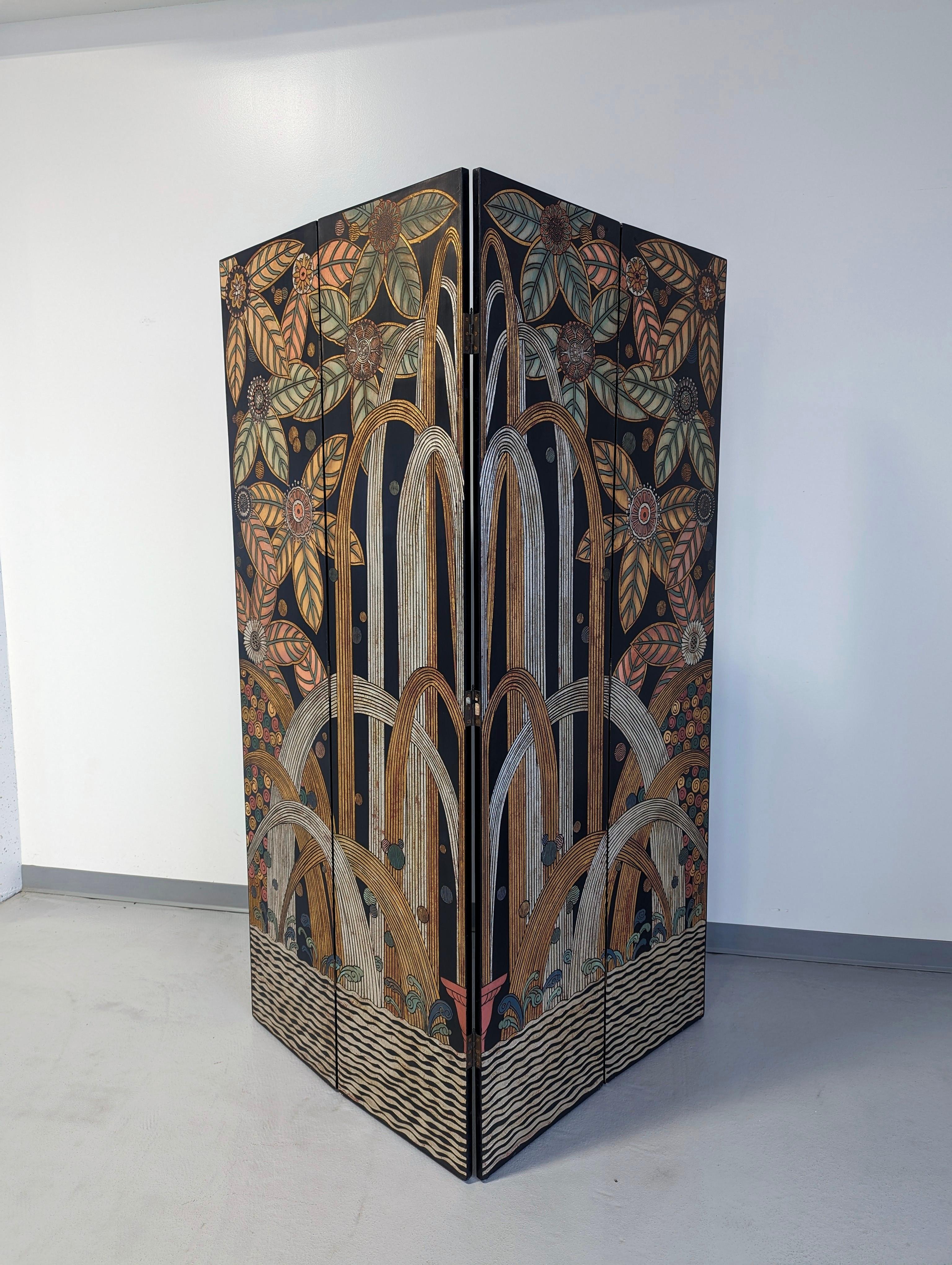 Art Deco Black Lacquer Gold Silver Gilt Four Panel Screen after Edgar Brandt For Sale 4