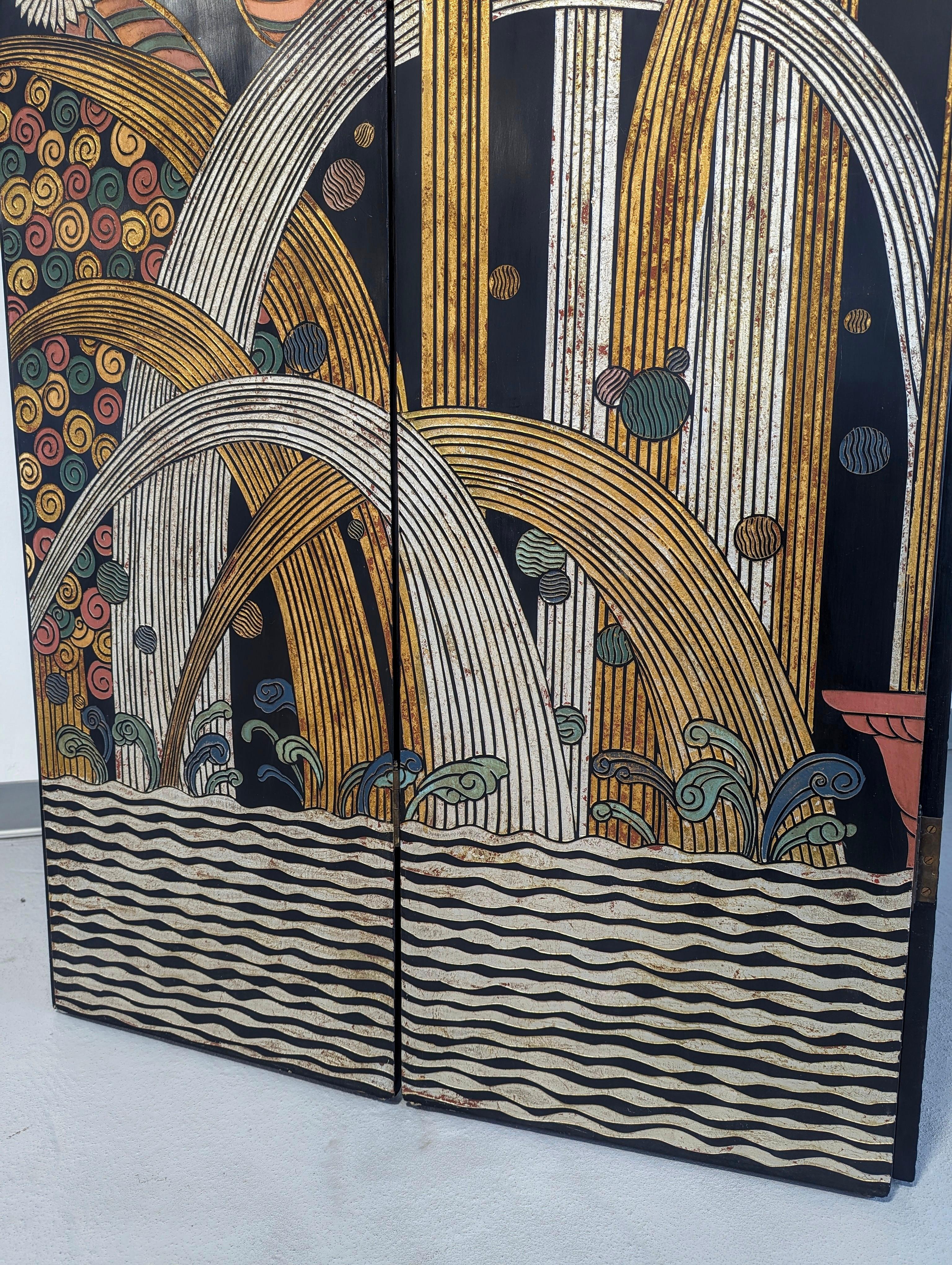 Art Deco Black Lacquer Gold Silver Gilt Four Panel Screen after Edgar Brandt For Sale 5