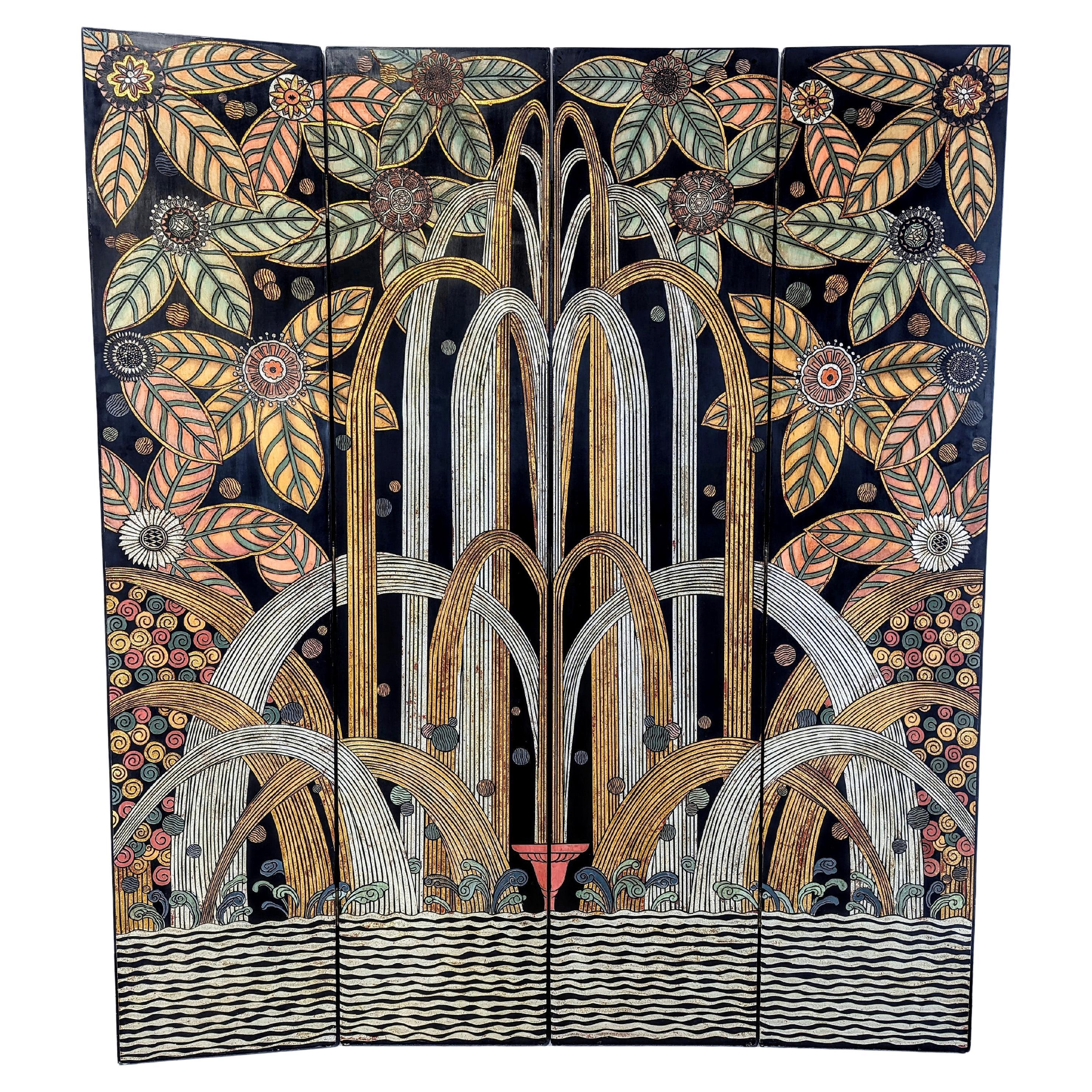 Art Deco Black Lacquer Gold Silver Gilt Four Panel Screen after Edgar Brandt For Sale
