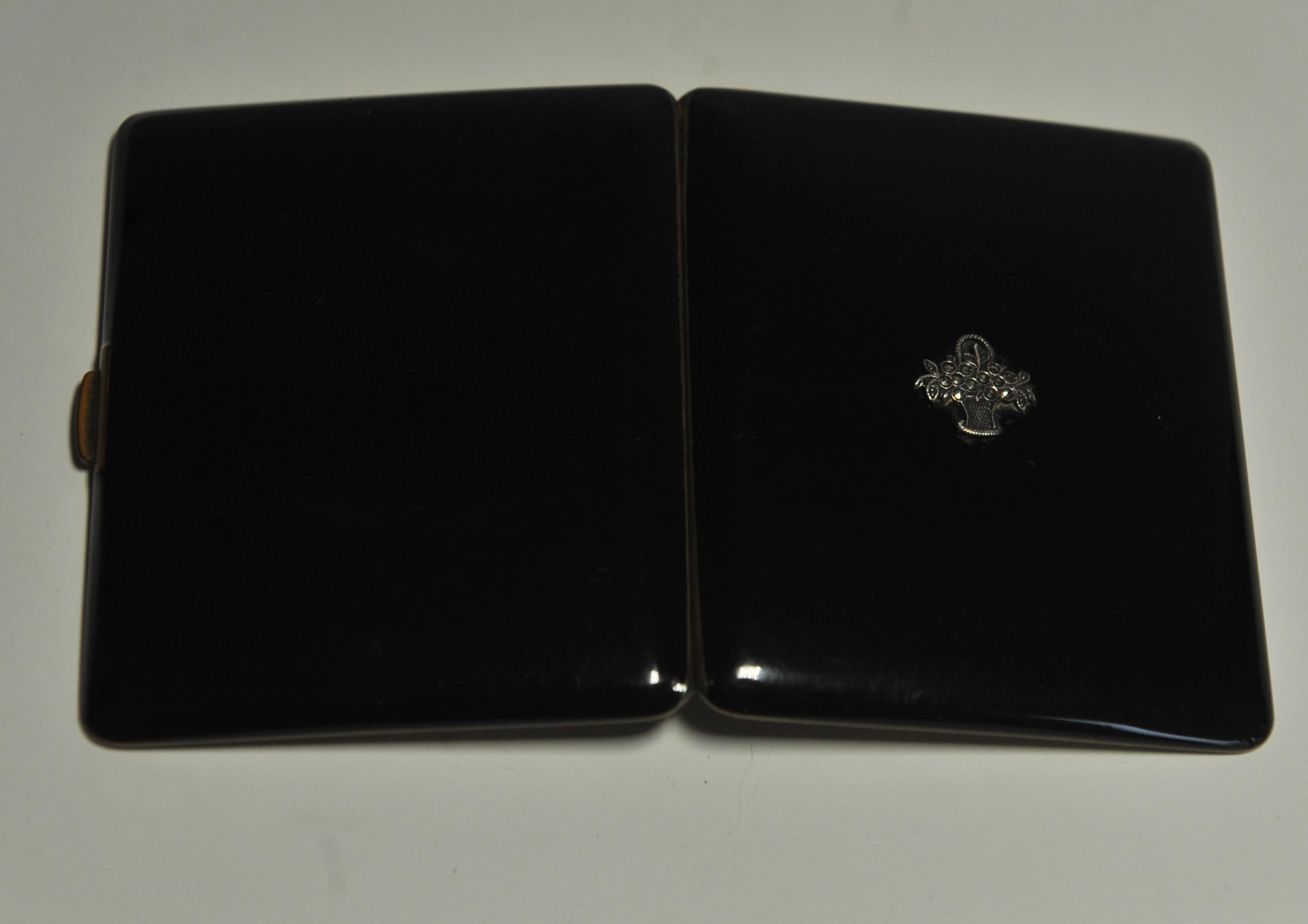 Art Deco Black Lacquer & Marcasite Cigarette Case & Matching Matchstick Case  For Sale 7