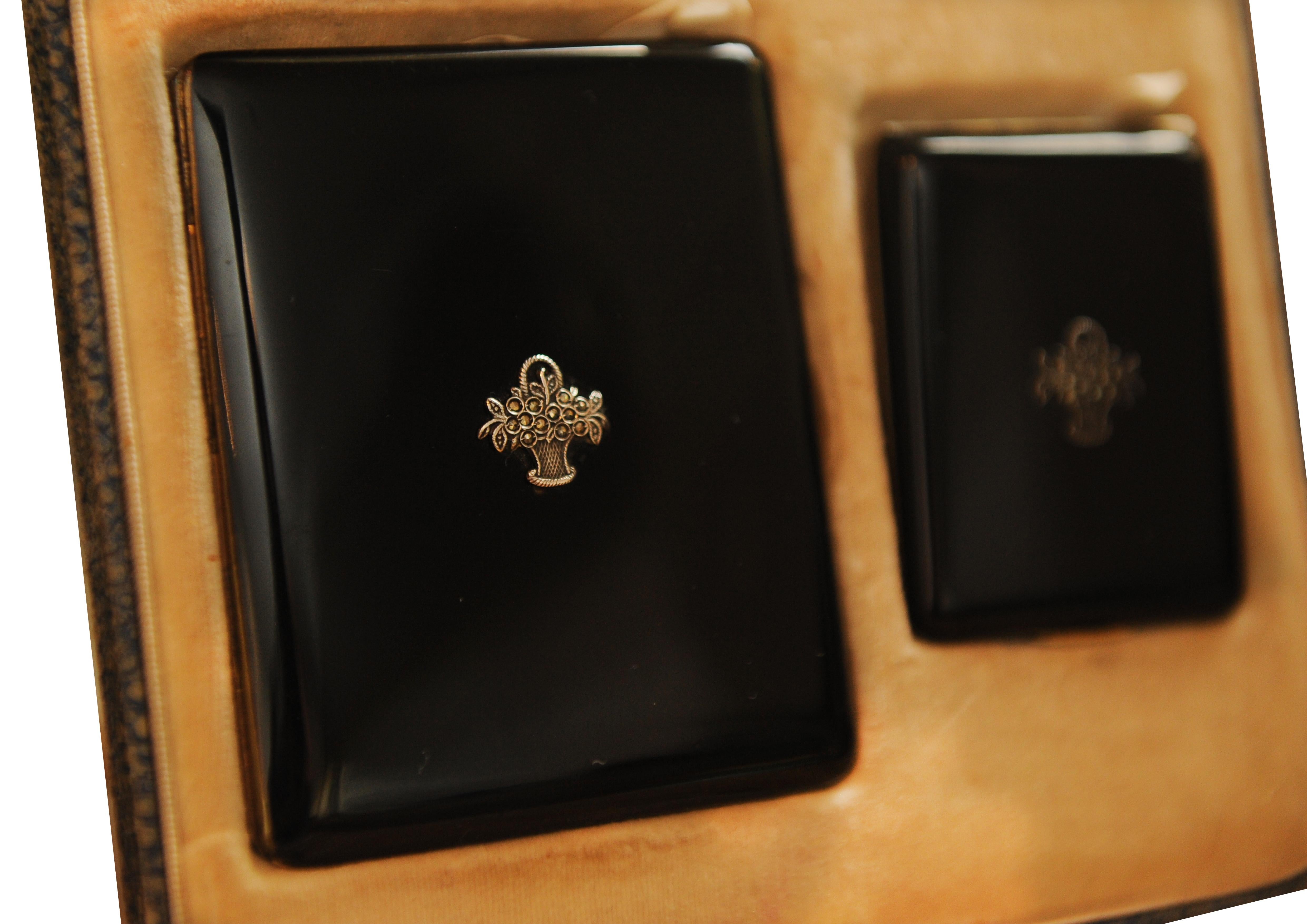 Hand-Crafted Art Deco Black Lacquer & Marcasite Cigarette Case & Matching Matchstick Case  For Sale
