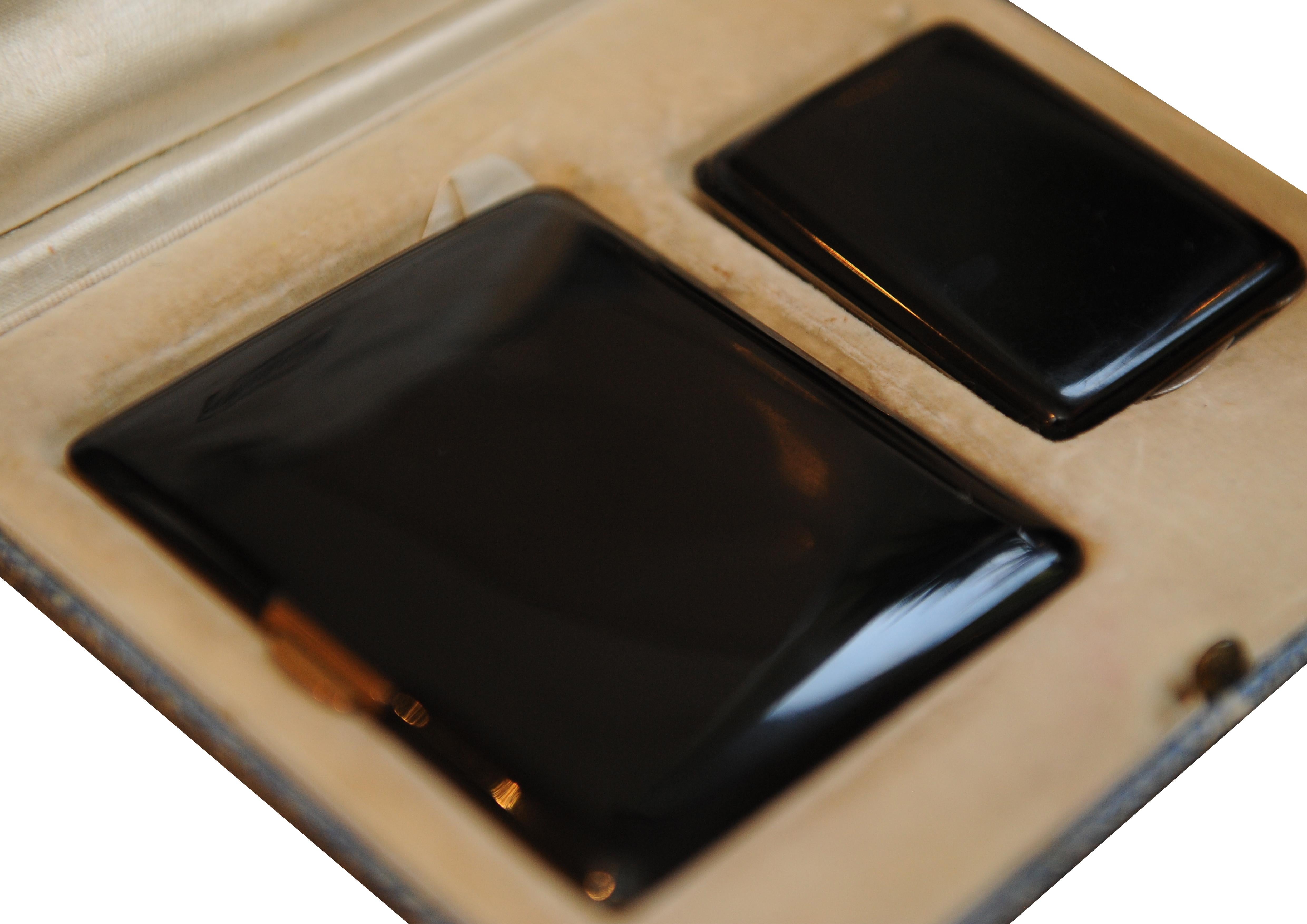 Enamel Art Deco Black Lacquer & Marcasite Cigarette Case & Matching Matchstick Case  For Sale