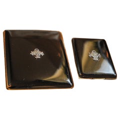 Art Deco Black Lacquer & Marcasite Cigarette Case & Matching Matchstick Case