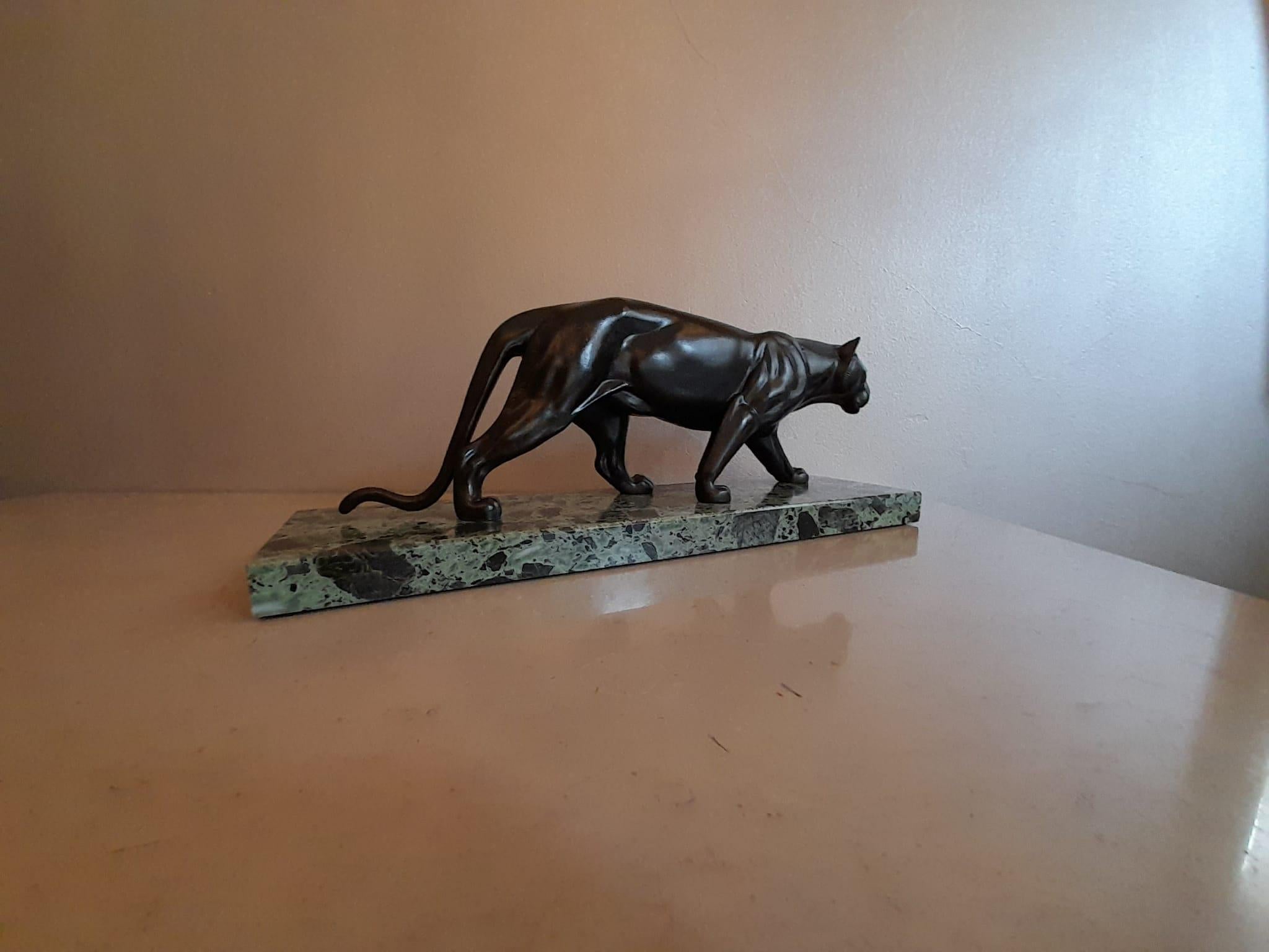 Art Deco Black Lacquer Panther Sculpture on Marble Base Signed M. Leducq 7