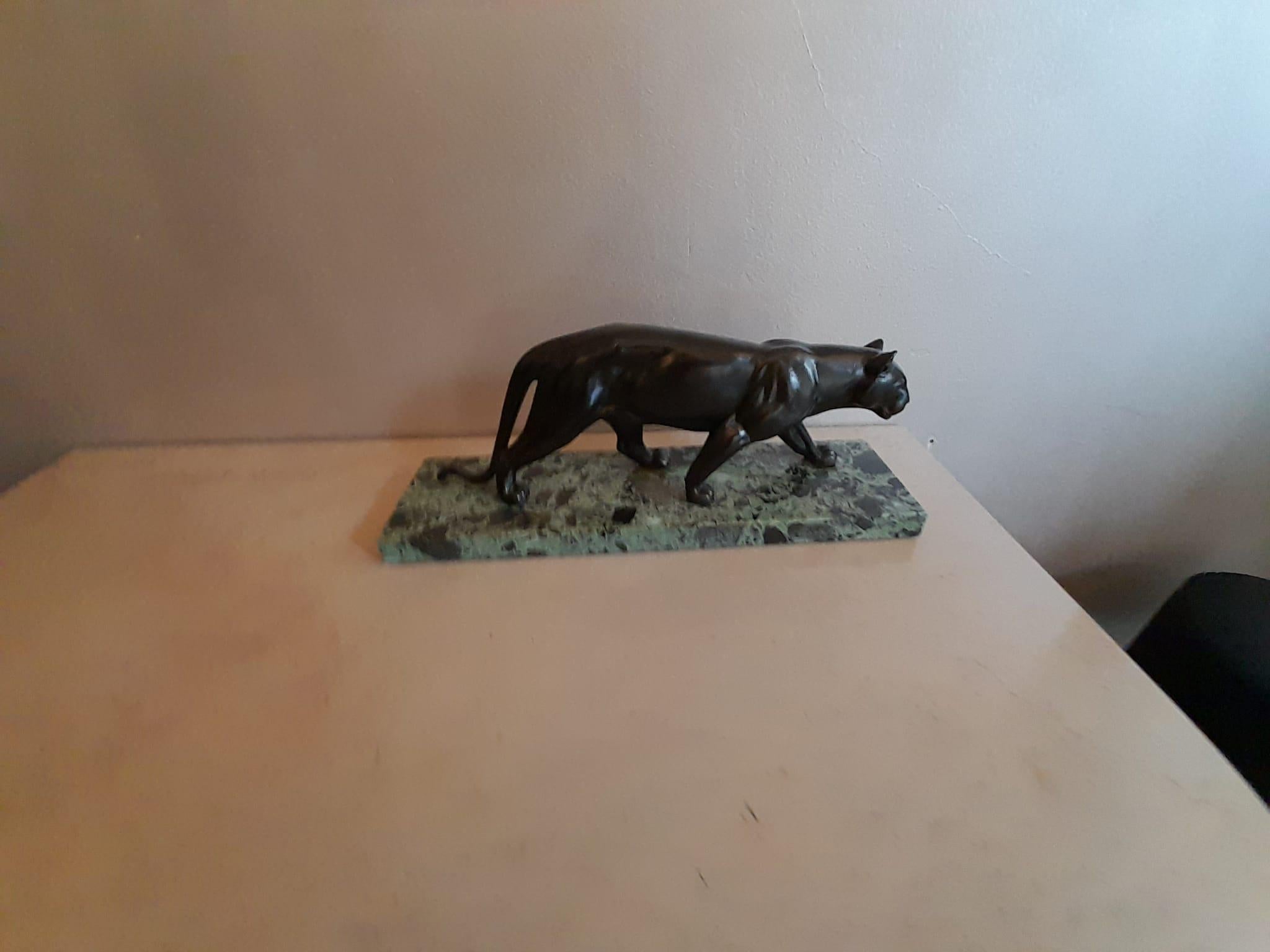 Art Deco Black Lacquer Panther Sculpture on Marble Base Signed M. Leducq 8