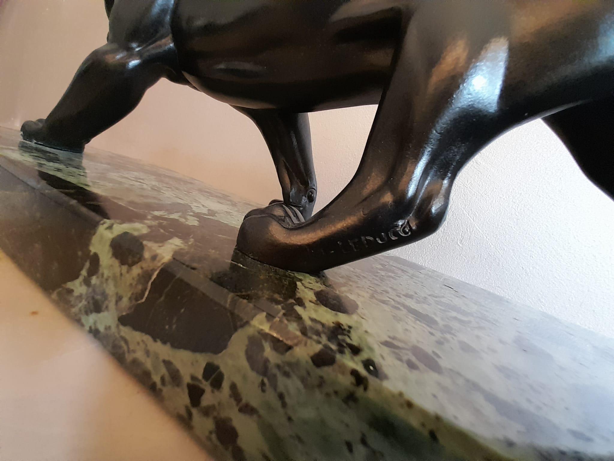 Art Deco Black Lacquer Panther Sculpture on Marble Base Signed M. Leducq 10