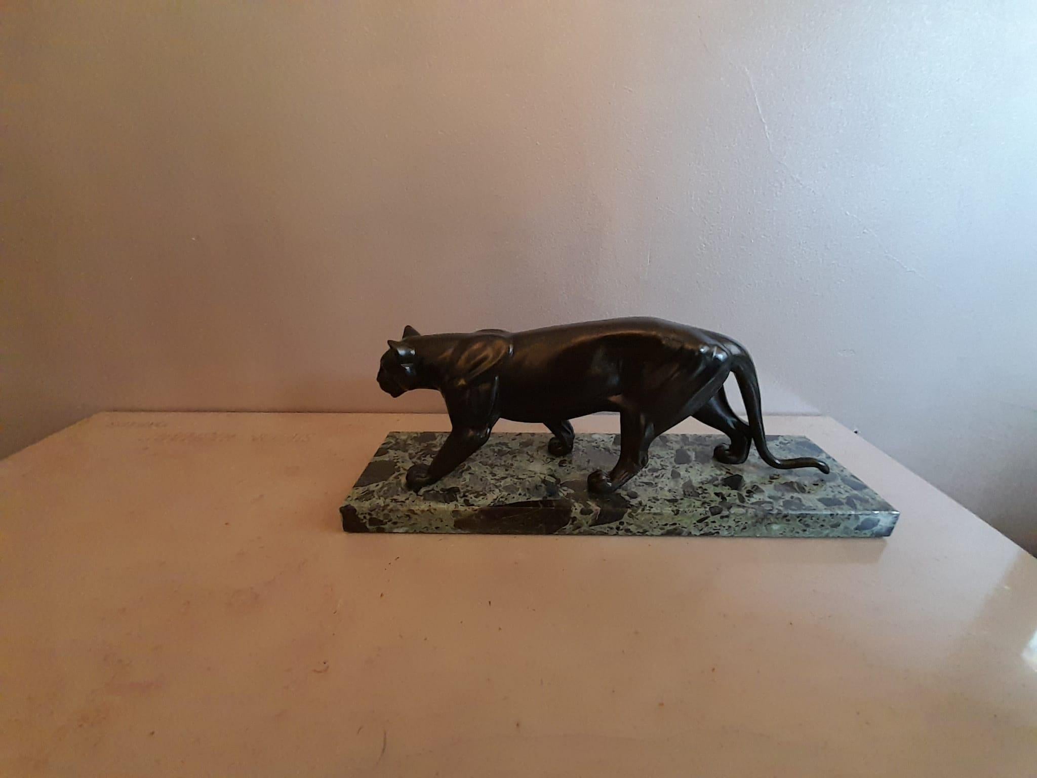Art Deco Black Lacquer Panther Sculpture on Marble Base Signed M. Leducq 13