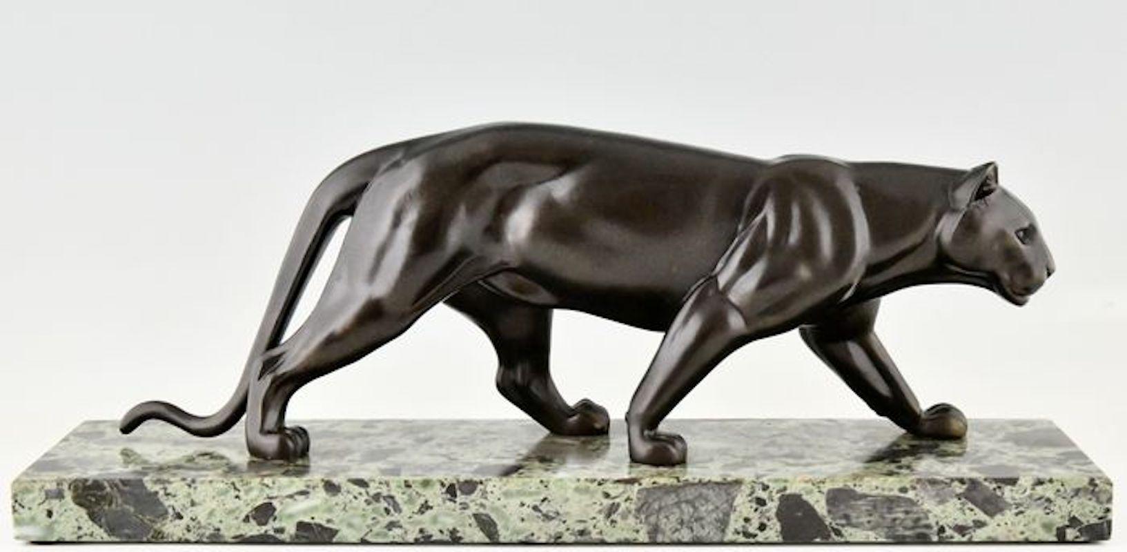 French Art Deco Black Lacquer Panther Sculpture on Marble Base Signed M. Leducq