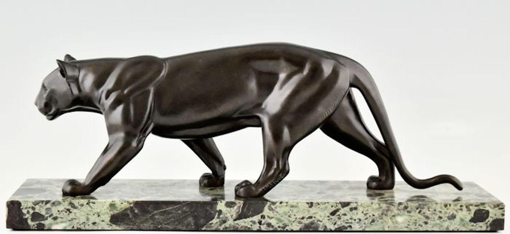 20th Century Art Deco Black Lacquer Panther Sculpture on Marble Base Signed M. Leducq
