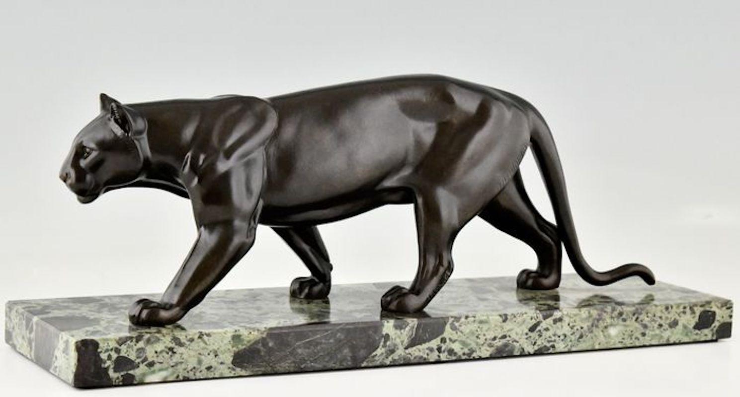 Art Deco Black Lacquer Panther Sculpture on Marble Base Signed M. Leducq 2