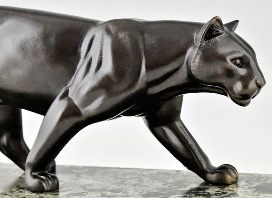 Art Deco Black Lacquer Panther Sculpture on Marble Base Signed M. Leducq 4