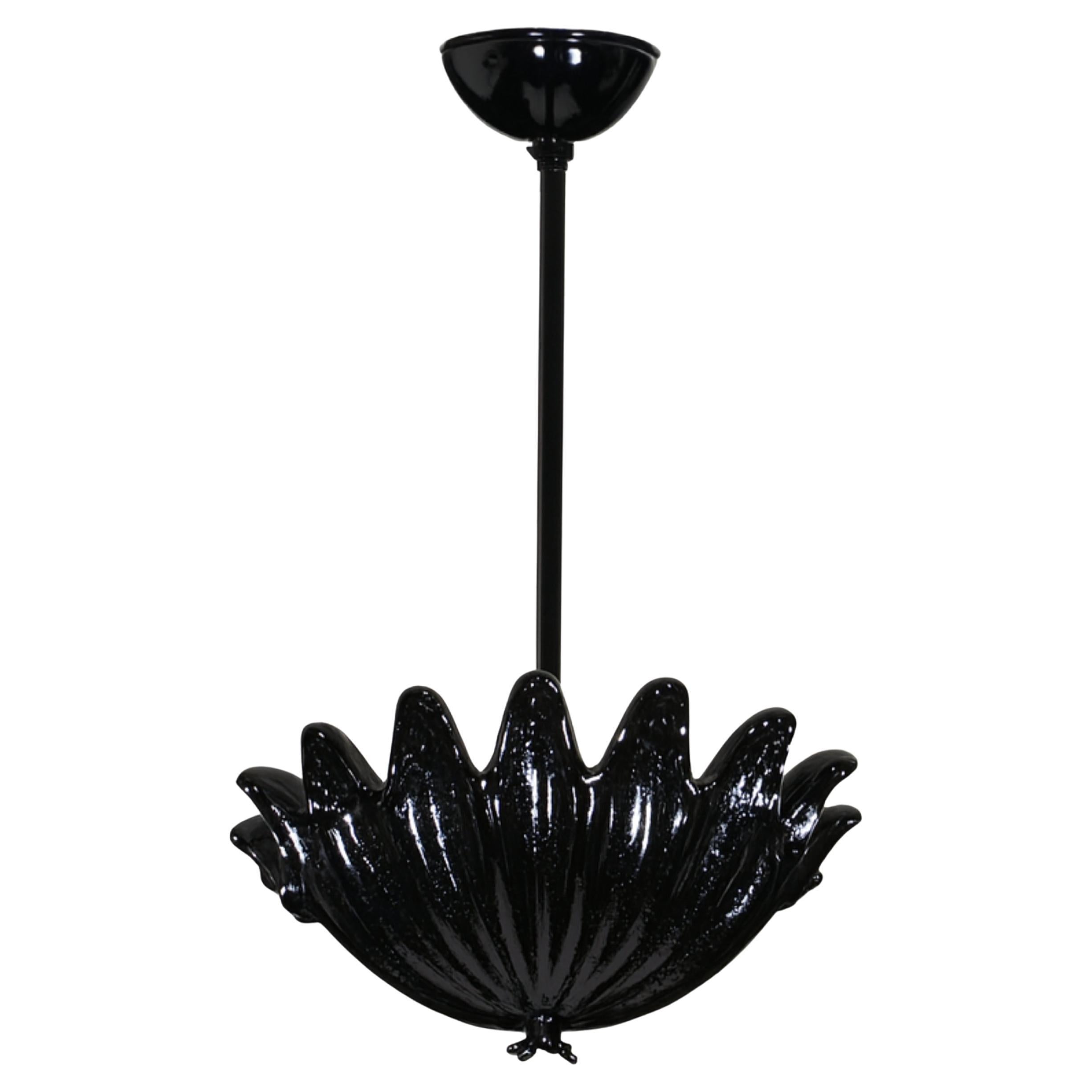 Art Deco Black Lacquer Plafond Ceiling Lamp Murano Style Glass, 20th Century en vente