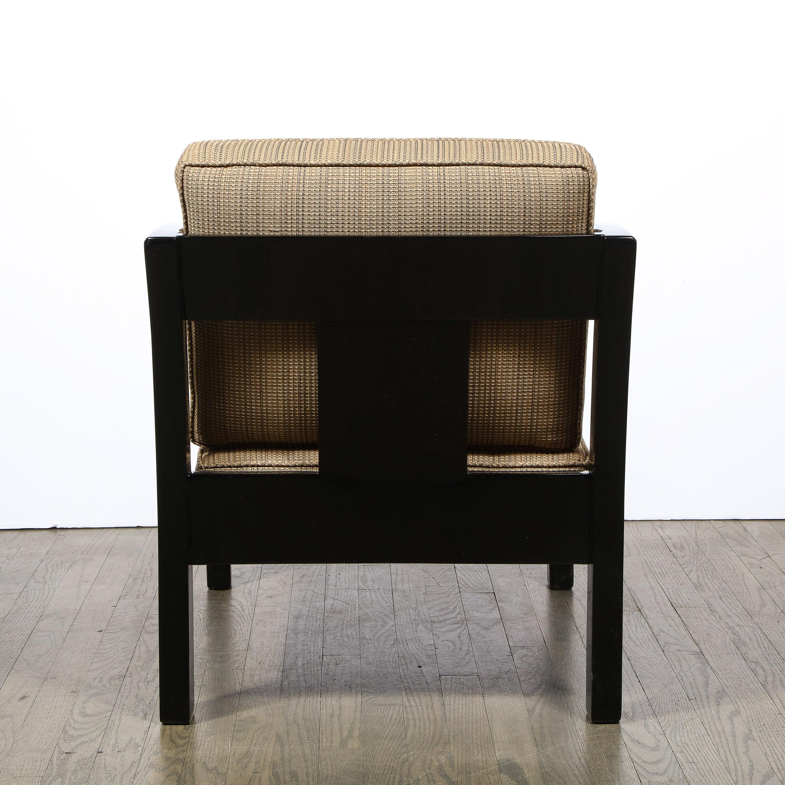 Fabric Art Deco Black Lacquer Streamlined Armchair by Modernage Furniture Company For Sale