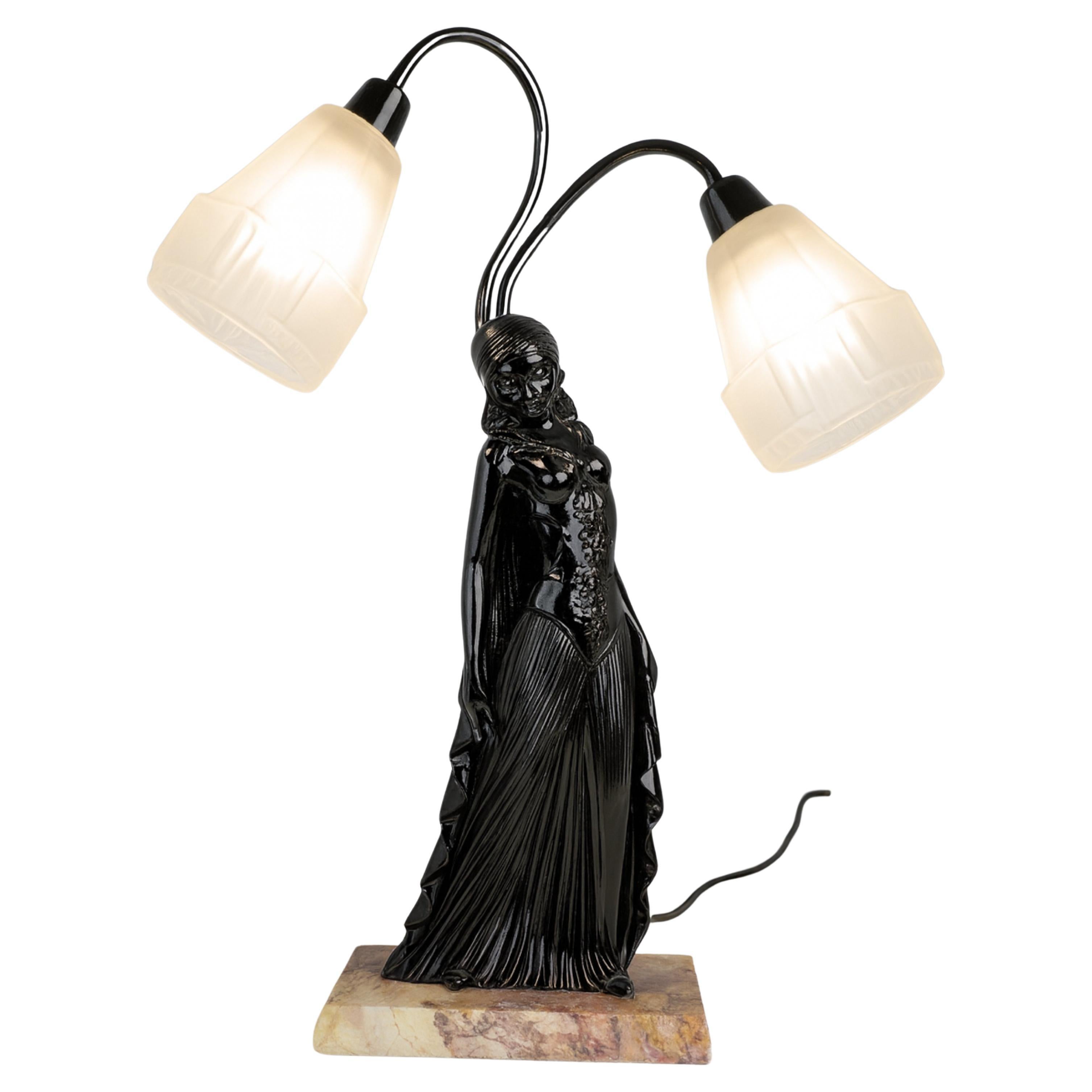 Art Deco Black Lacquer Table Lamp by Georges Van De Voorde, France, 1925