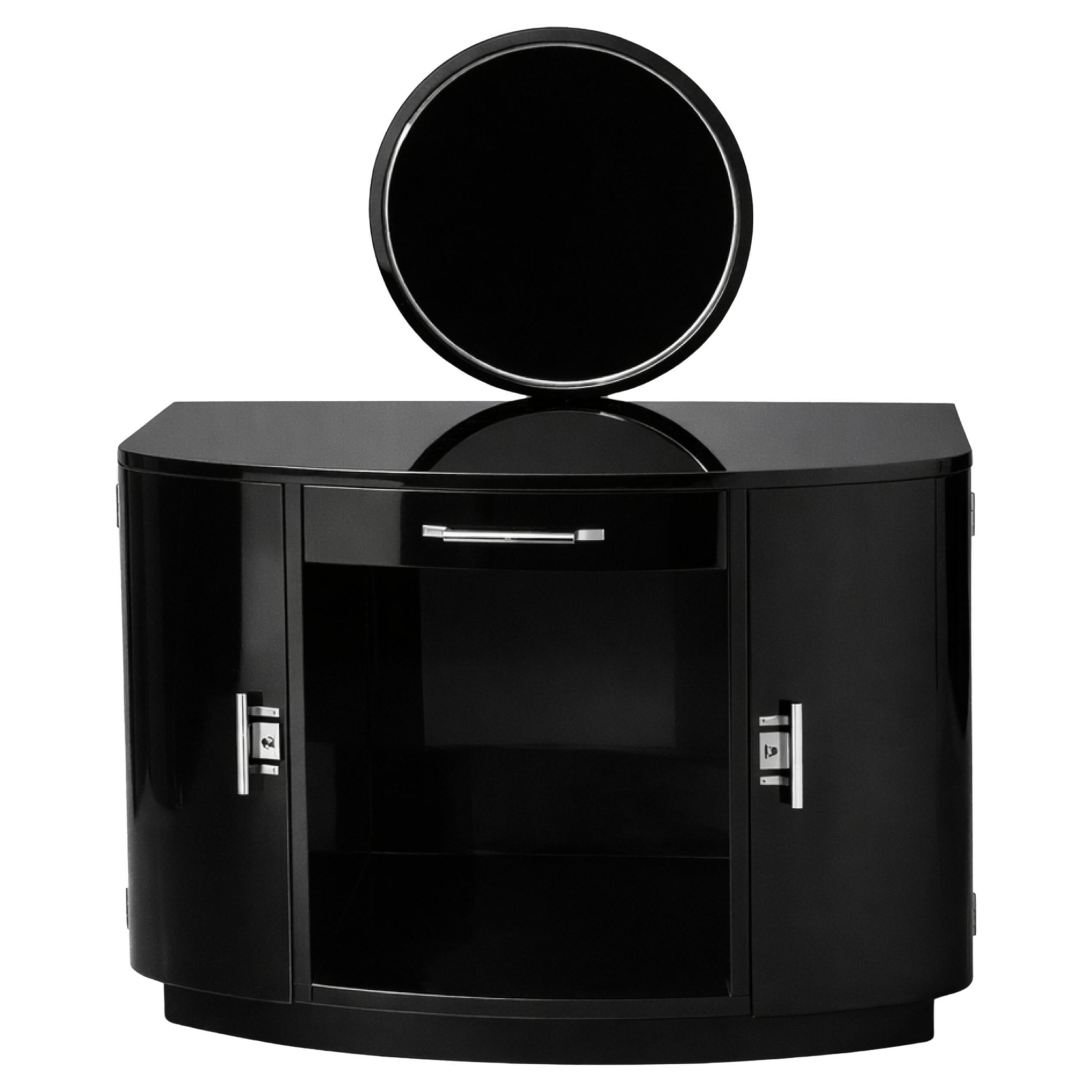 Art Deco Black Lacquer Vanity Dressing Console Table With Mirror, 20th Century