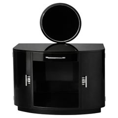 Art Deco Black Lacquer Vanity Dressing Console Table With Mirror, 20th Century