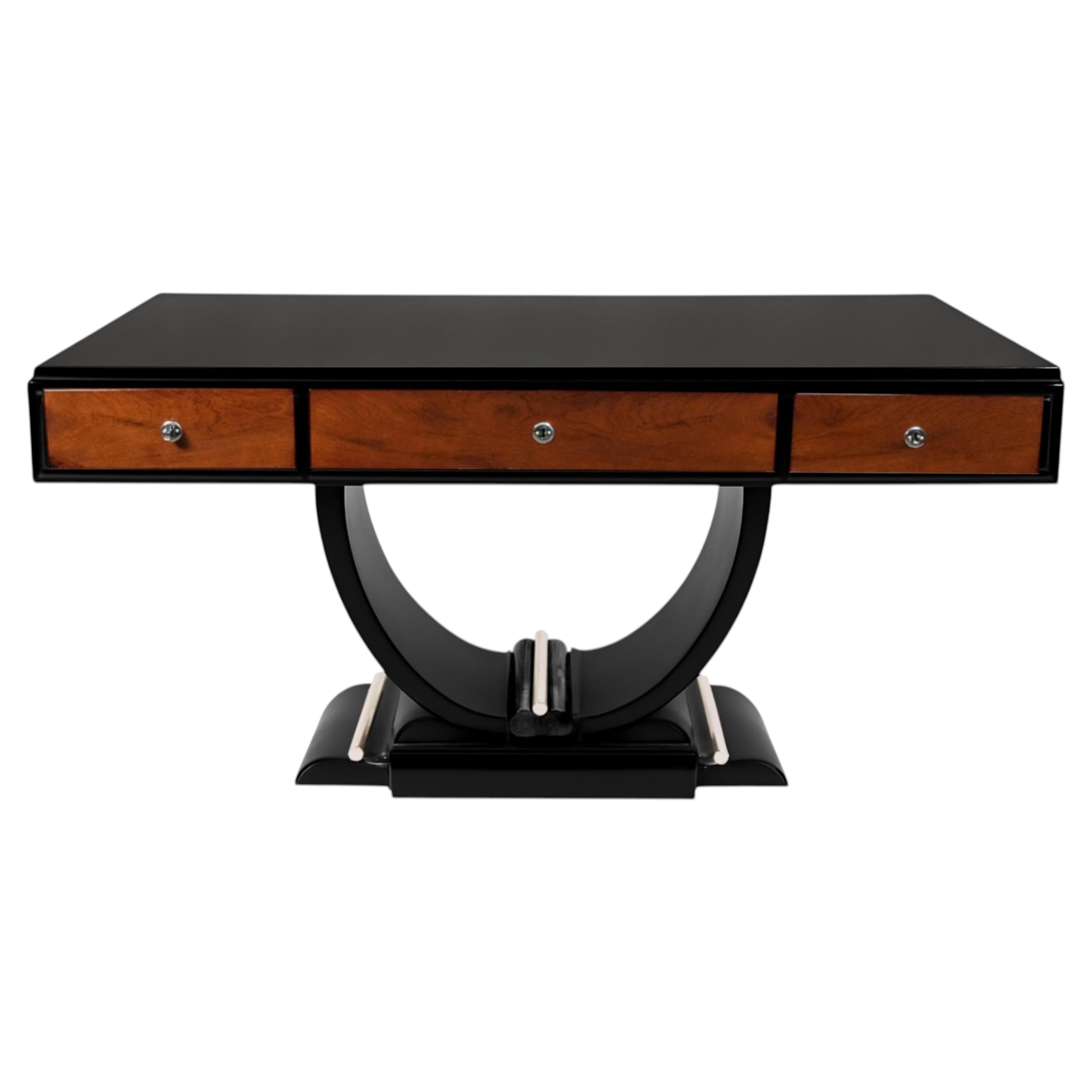 Art Deco Black Lacquer Writing Desk with Walnut & Metal Base, France
