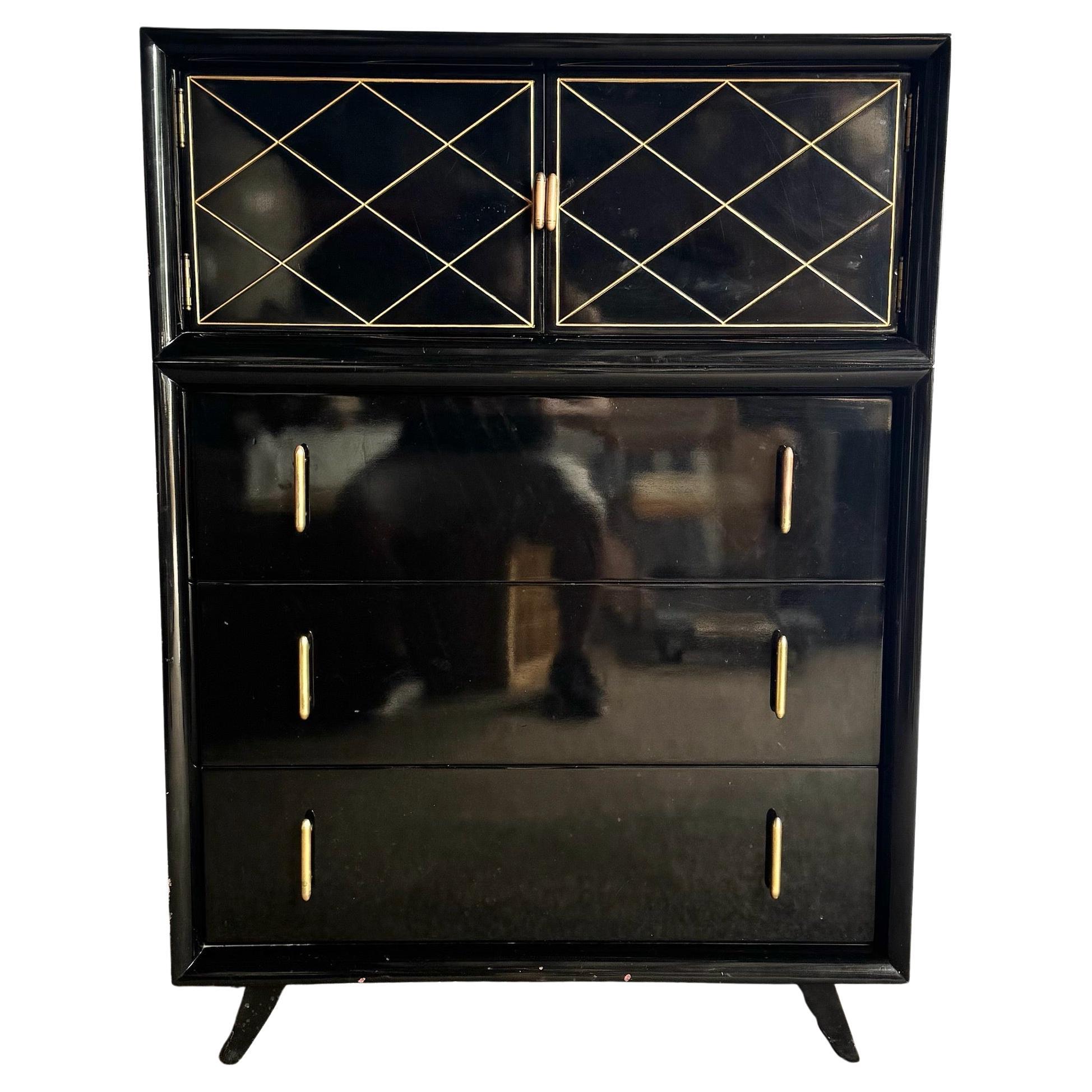 Commode haute Art Déco laquée noire et dorée avec quincaillerie en laiton en vente