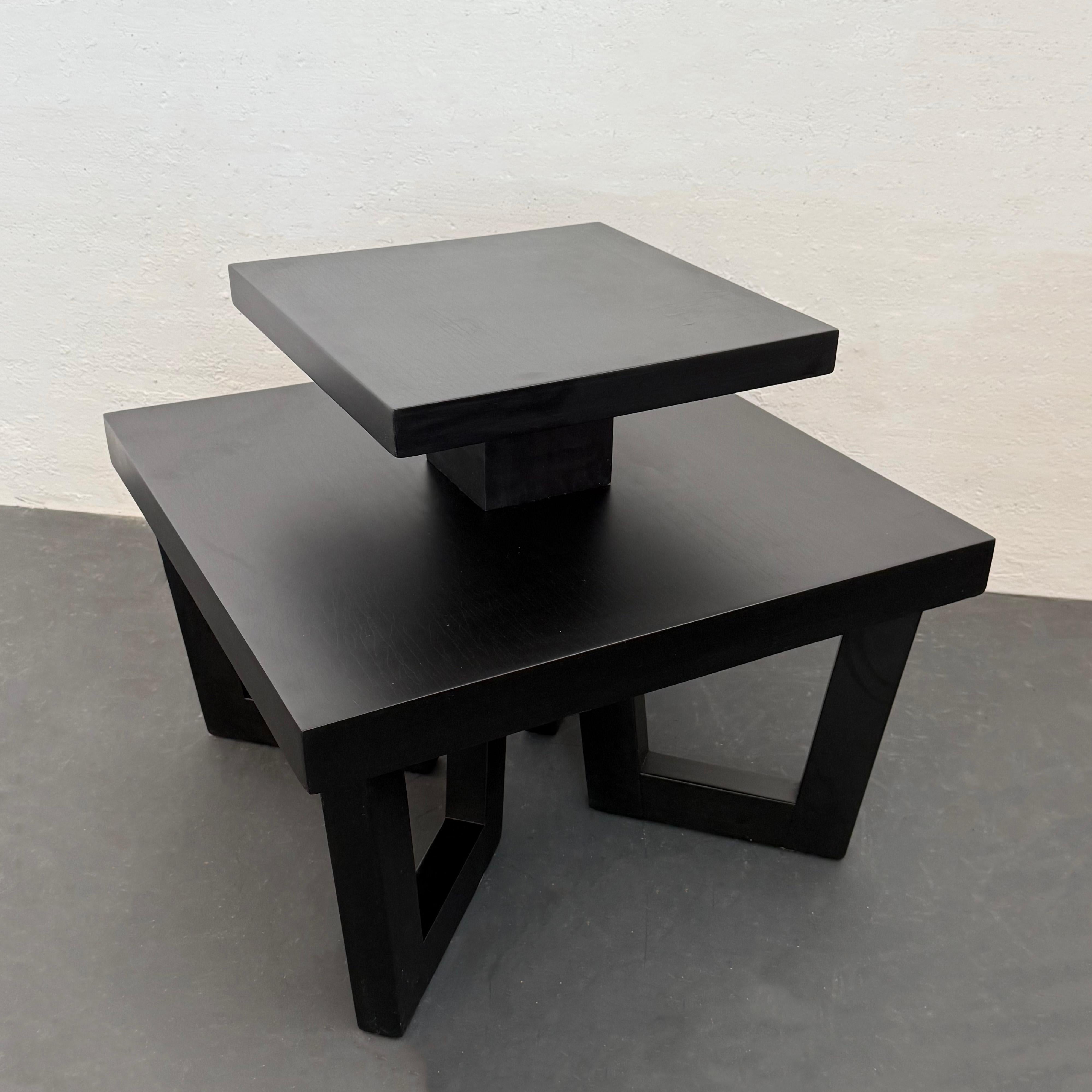 American Art Deco Black Lacquered Tiered Side Table In The Style Of Paul Frankl For Sale