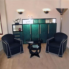 Paar Sessel im Pierre Chareau-Stil aus schwarzem Leder und weißen Nägeln, Art déco
